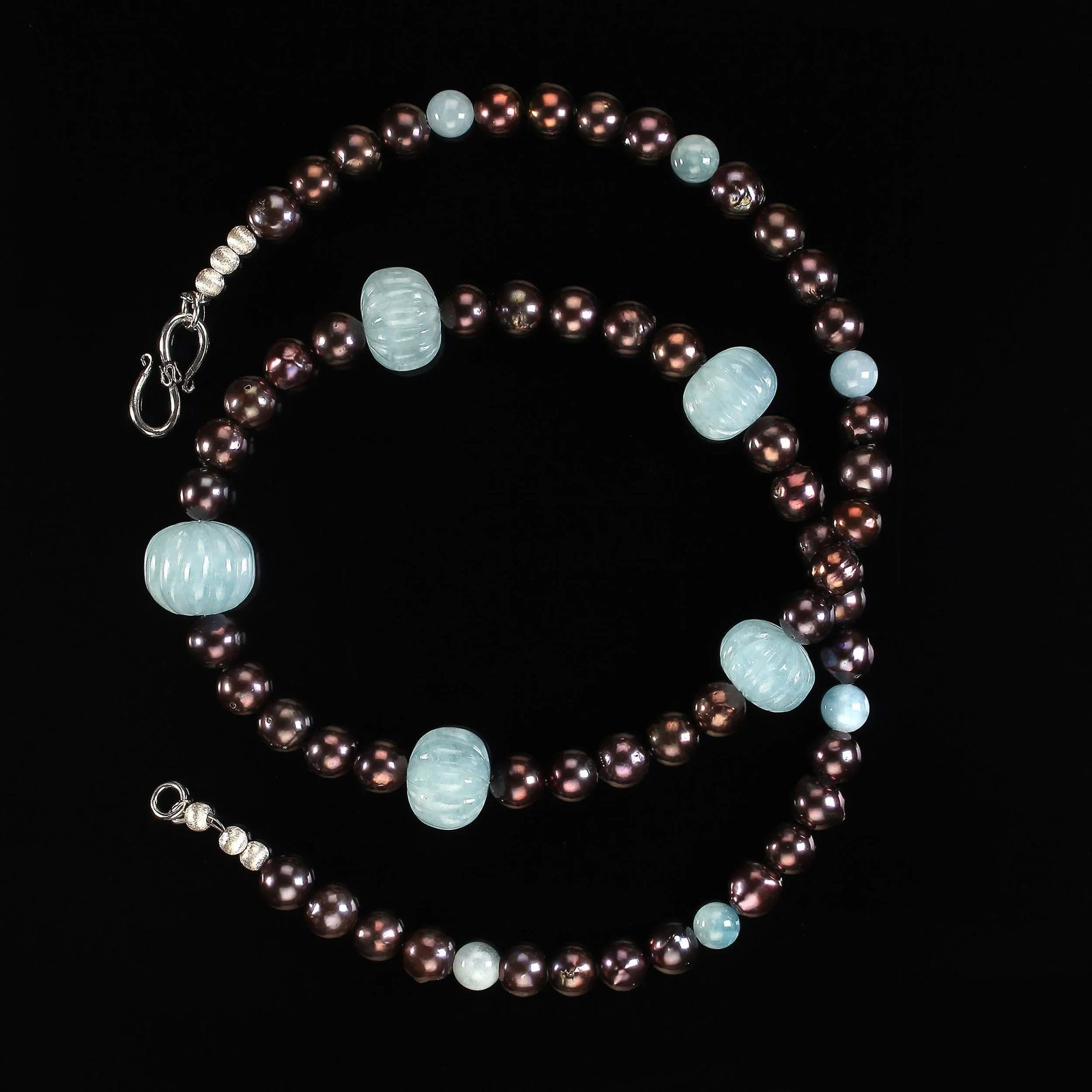 Fluted Aquamarines and Brown Pearls Statement Necklace - 4