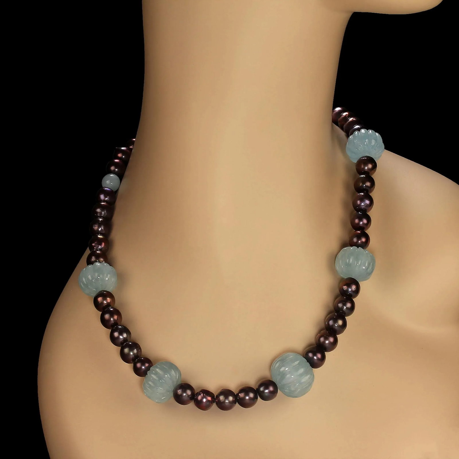 Fluted Aquamarines and Brown Pearls Statement Necklace - 5