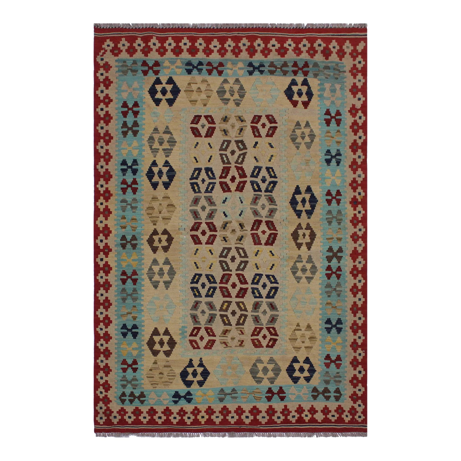 Tribal Kilim Tan Red Wool Rug - 4'7" X 6'8": Add a touch of elegance to your home with this casual chic hand woven Tribal Kilim wool rug. Constructed on a loom by Nomad Turkman people with hand-spun wool and 100% Natural Vegetable dyes these