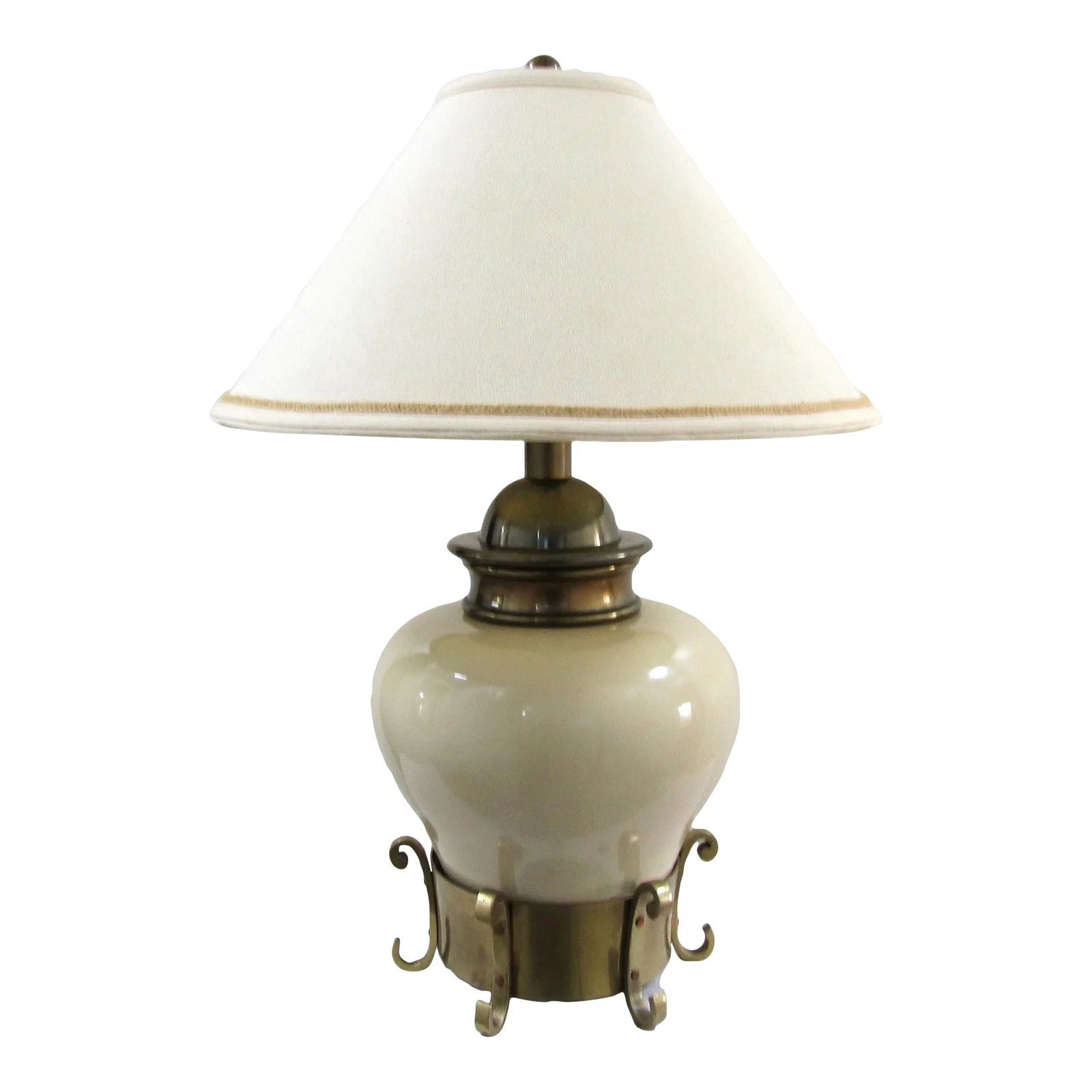 1979 Chapman Chinoiserie Cream Ceramic and Brass Table Lamp and Linen Shade: Rare 1979 Chapman Chinoiserie Cream Ceramic and Brass Table Lamp and Linen Shade Ginger jar ceramic body numbered CM32 with a brass "lid" and brass/bronze hook base. The lamp measures 13" diameter and