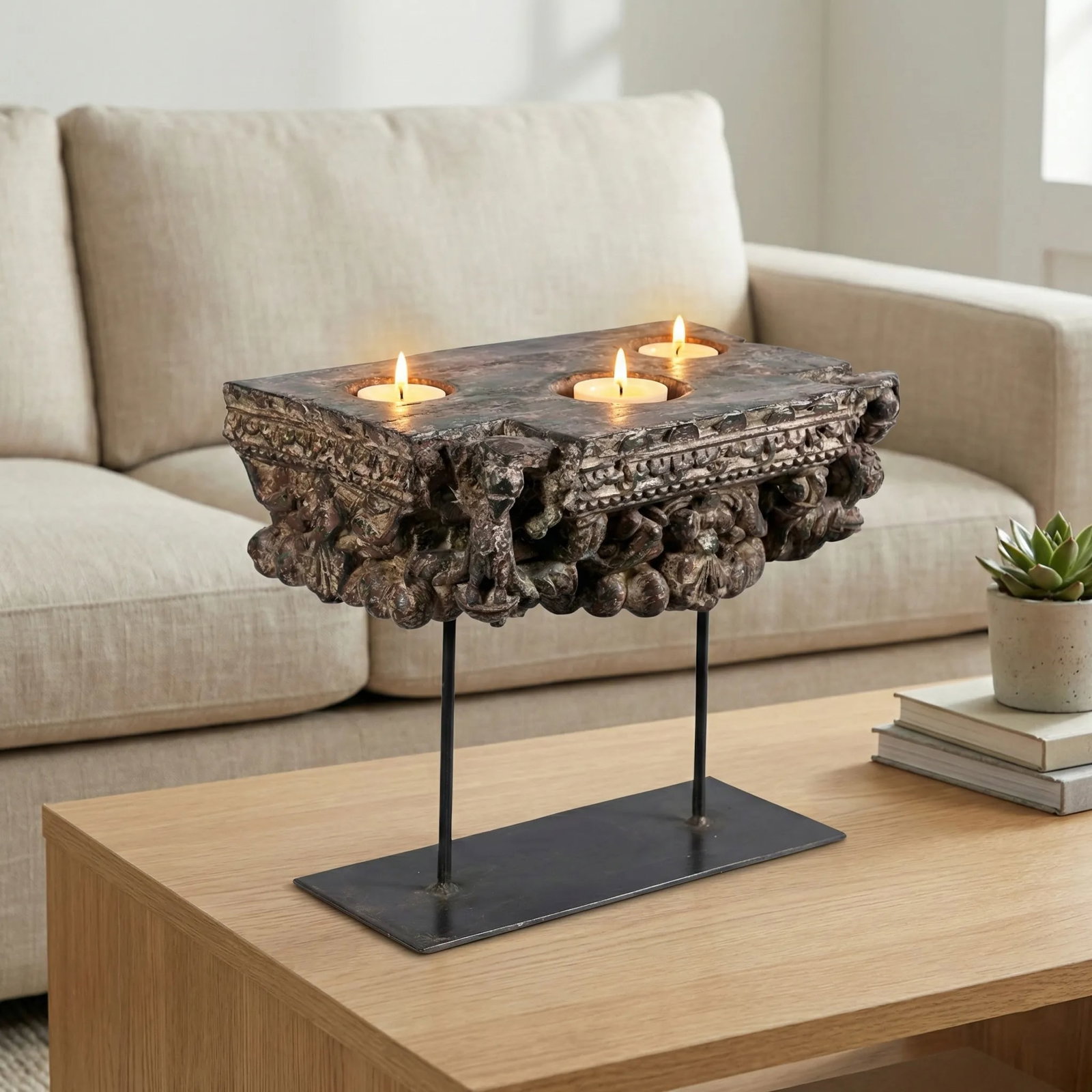1930's Rustic Wooden Column Base Repurposed Ranch Style Candle Holder - 2