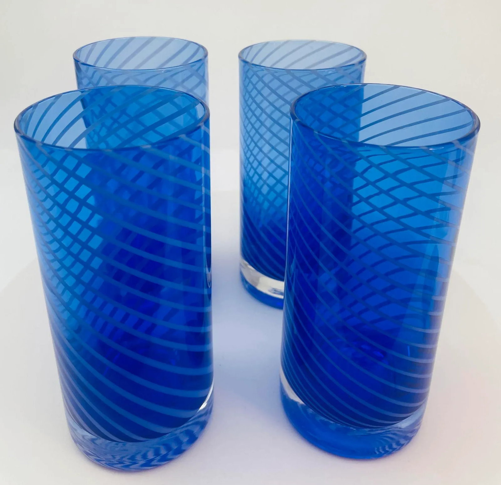 Cobalt Blue Drinking Glasses Set of 4 Spiral Tumblers 1980s - 2