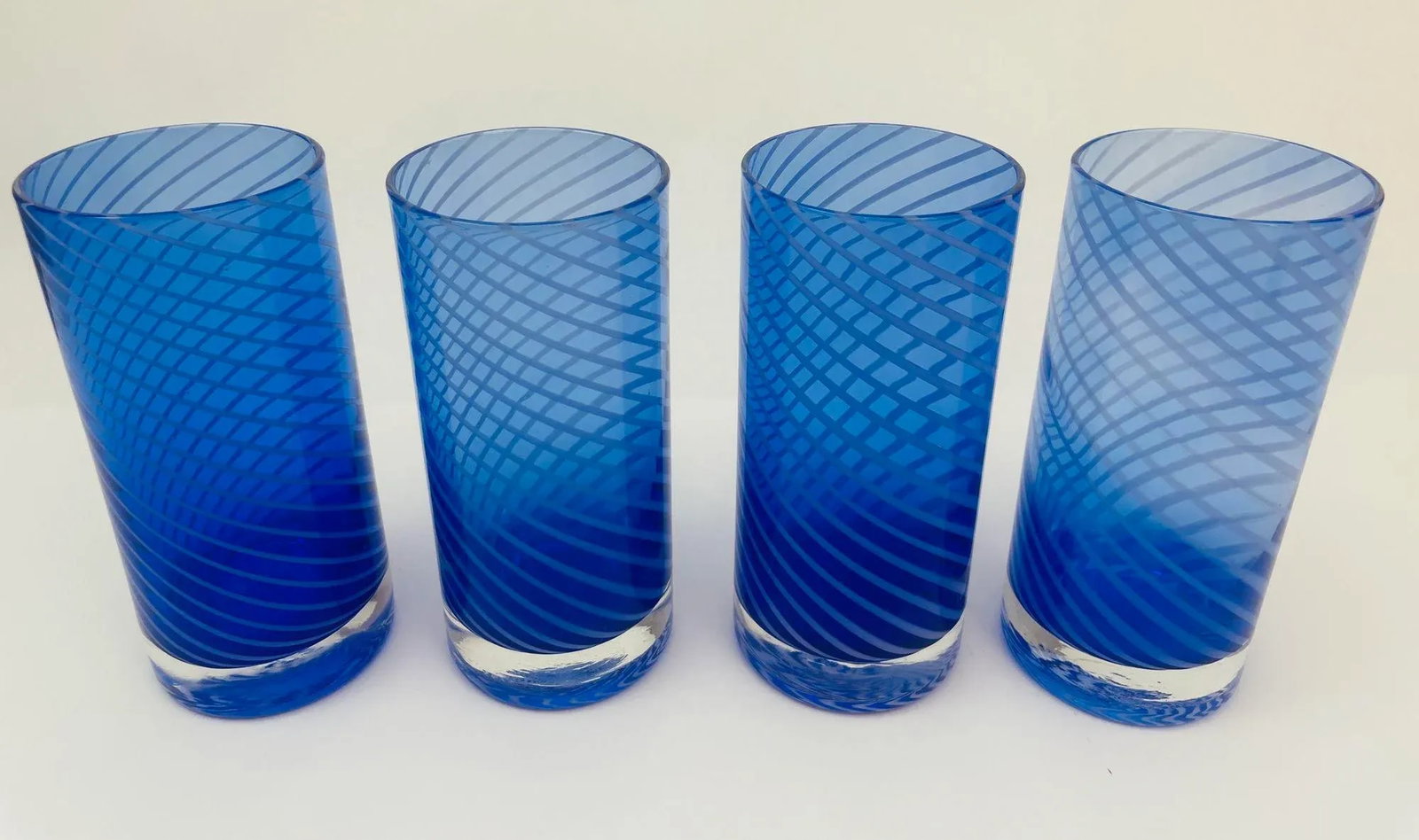 Cobalt Blue Drinking Glasses Set of 4 Spiral Tumblers 1980s - 3