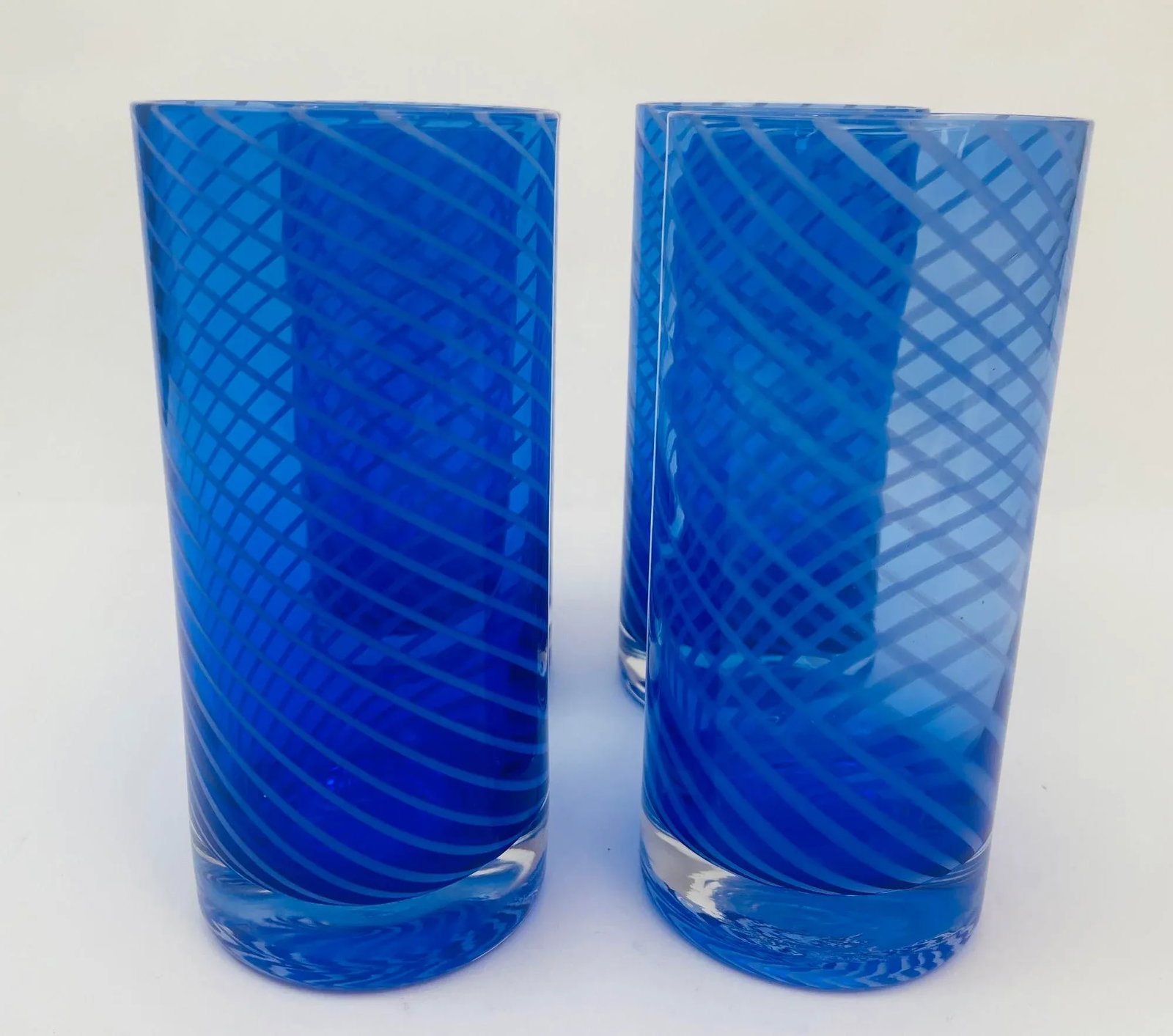 Cobalt Blue Drinking Glasses Set of 4 Spiral Tumblers 1980s - 4