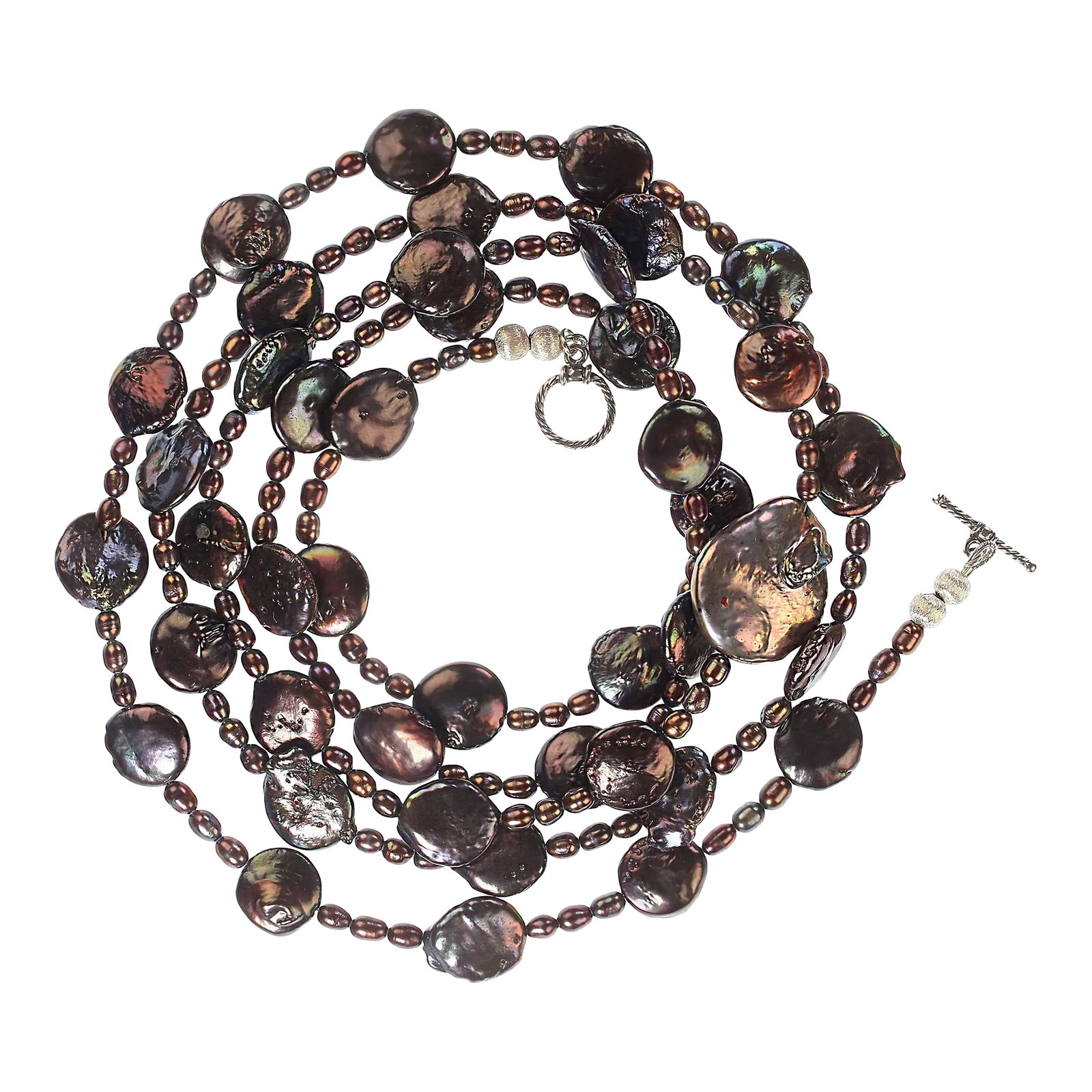 Mauve/Wine Pearl Necklace June Birthstone: This is part of Chairish's Fine Jewelry assortment. 49-Inch Unique Pearl Necklace - Mauvy Wine Coin Pearls with Seed Pearls & Bali Silver Clasp This stunning 49-inch pearl necklace is a true