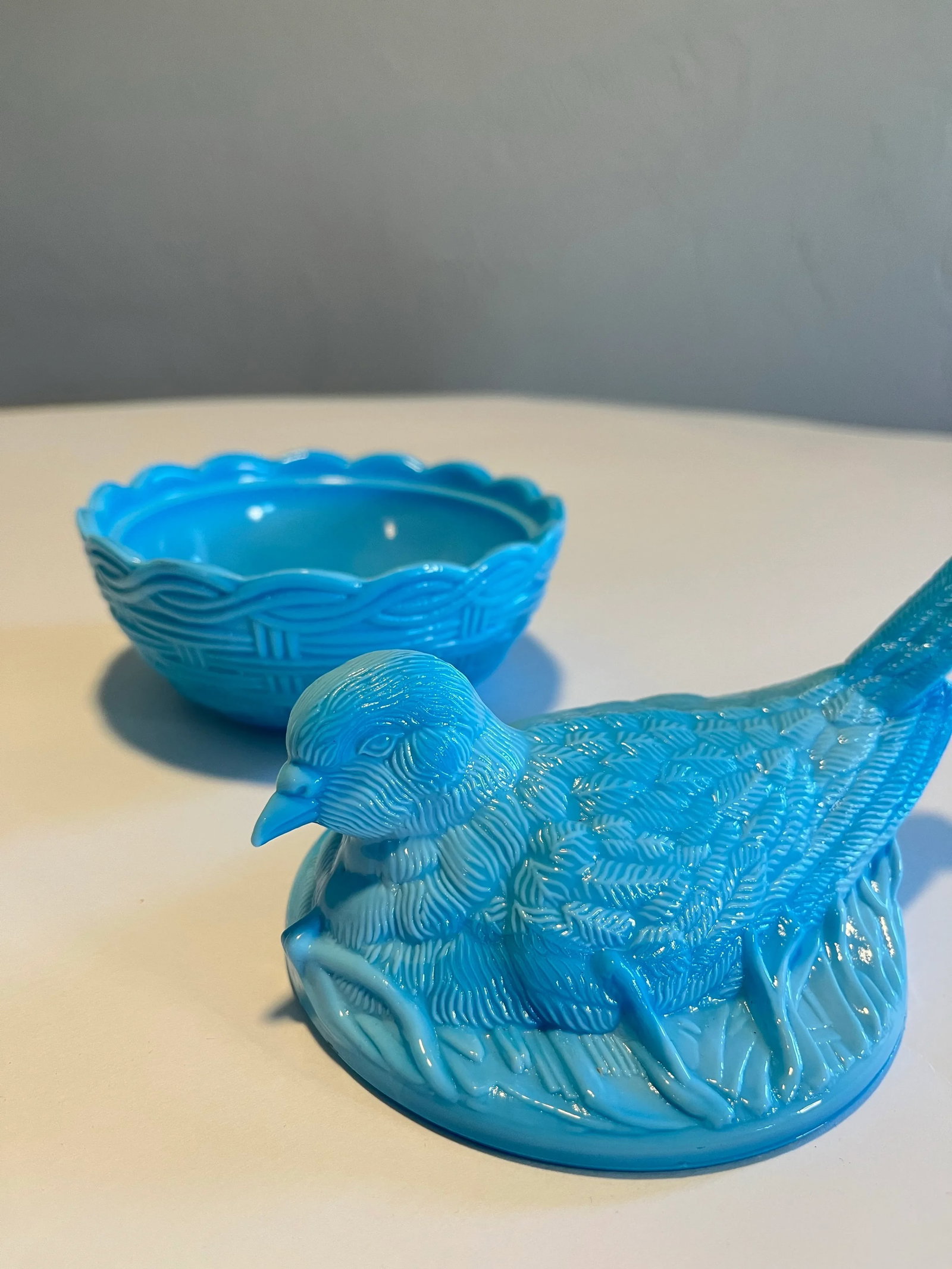 Vintage Heisey Bird on Nest-Light Blue Milk Glass Candy Dish - 2