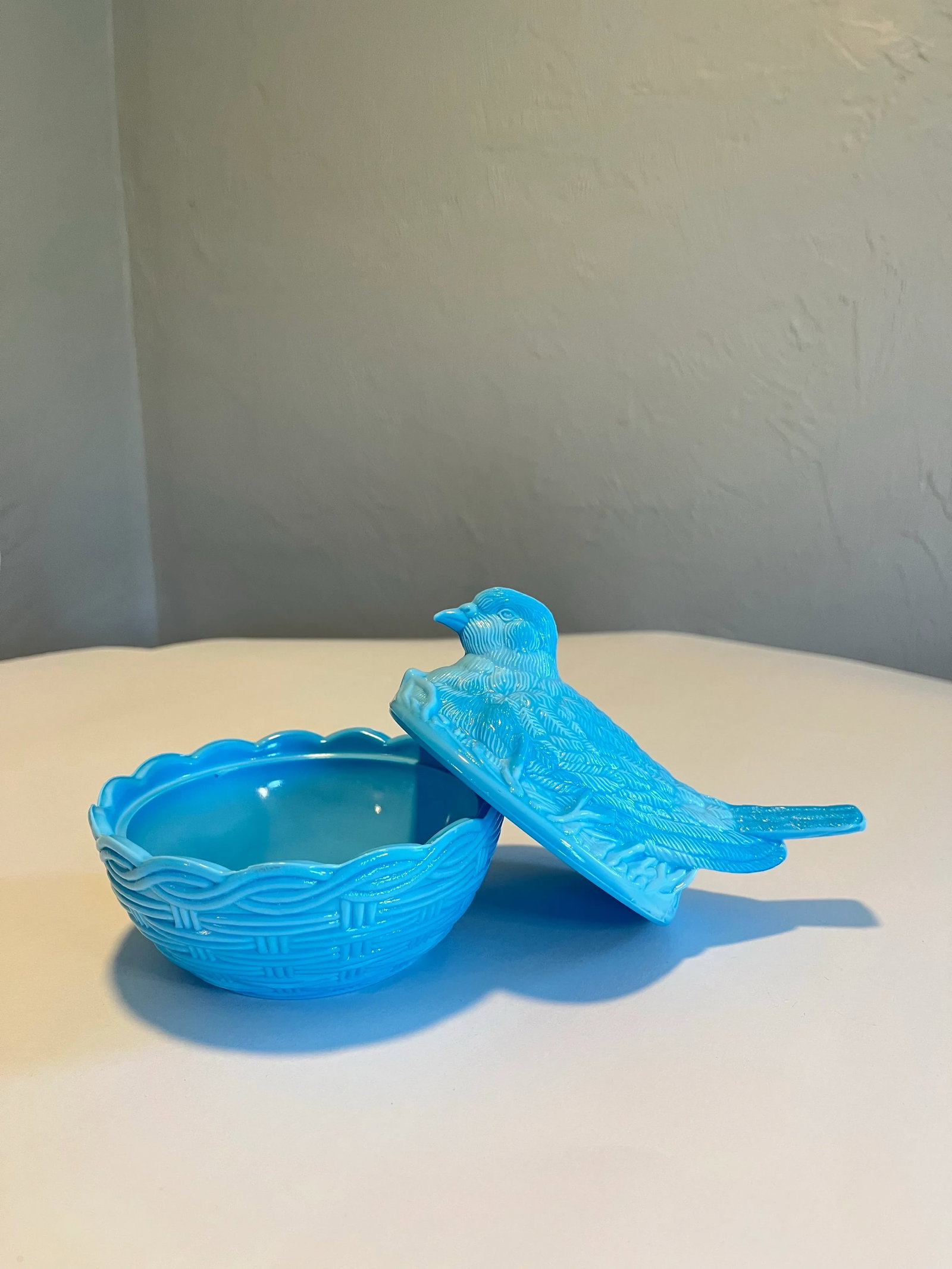 Vintage Heisey Bird on Nest-Light Blue Milk Glass Candy Dish - 3