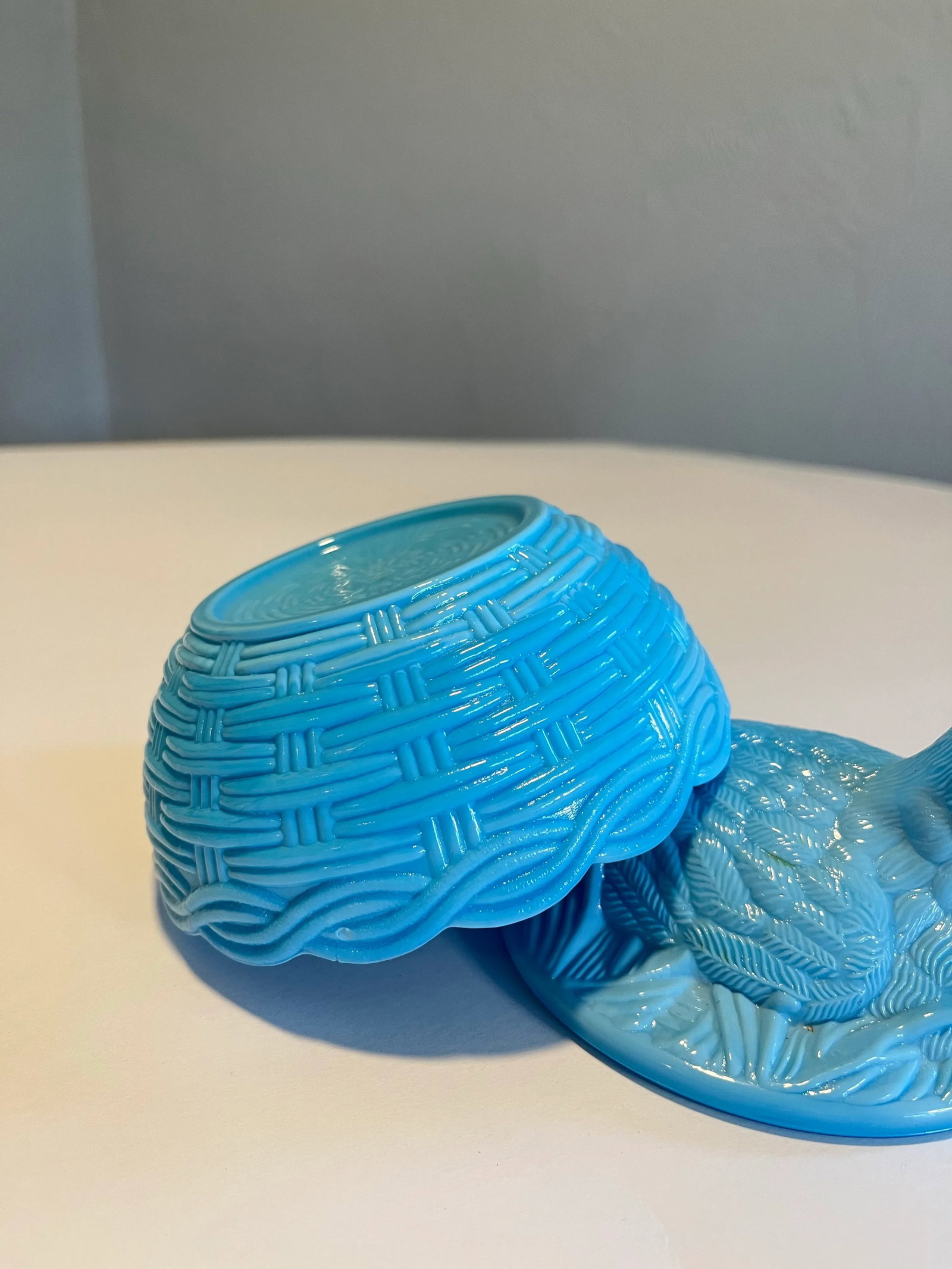 Vintage Heisey Bird on Nest-Light Blue Milk Glass Candy Dish - 6