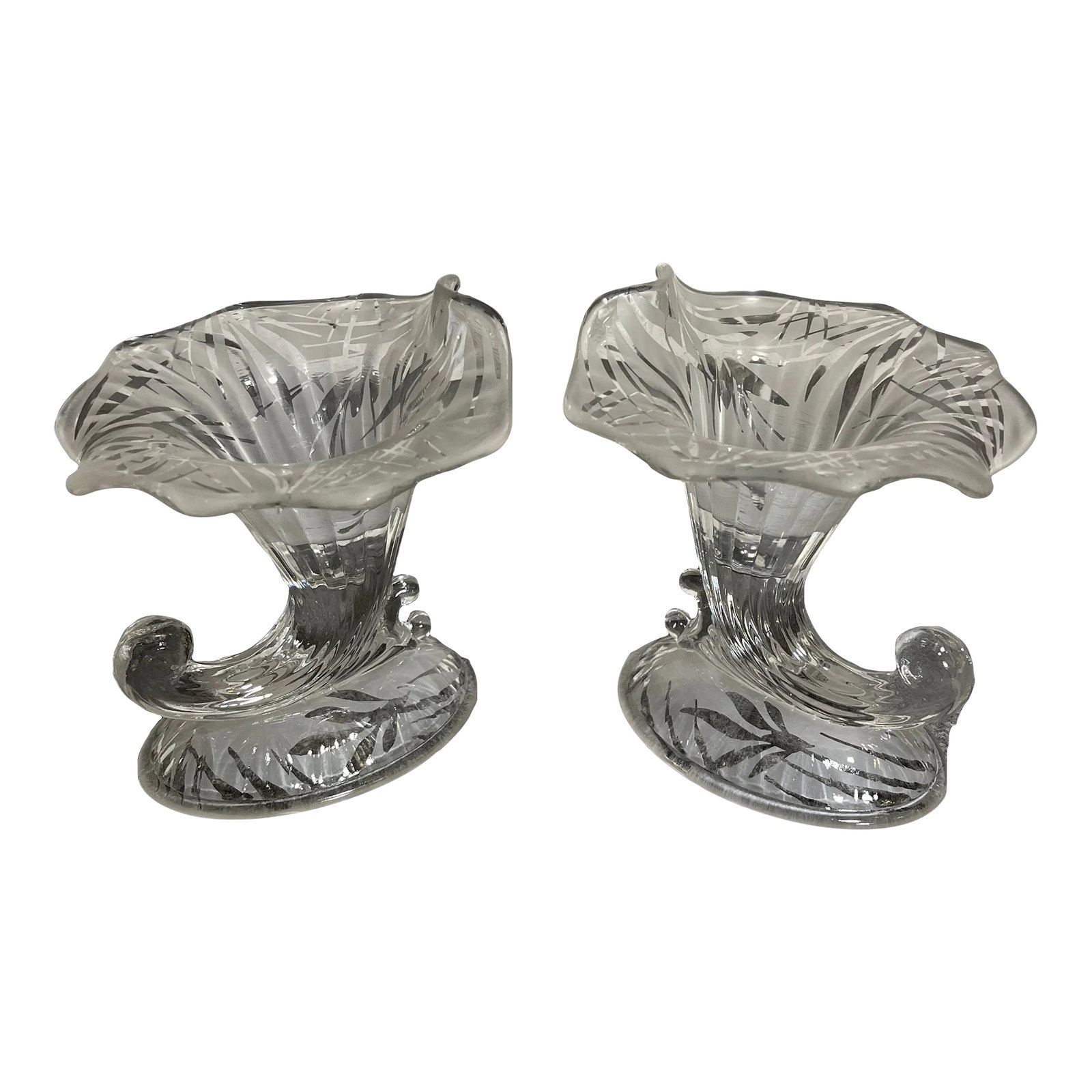 Early 20th Century San Toy Cornucopia CandleHolders by Fenton: Pair of clear glass cornucopia/candleholders with frosted leaf design. Nice ribbed detail, free form scalloped rim. Condition: Alterations: Original Condition Unaltered Imperfections: Some