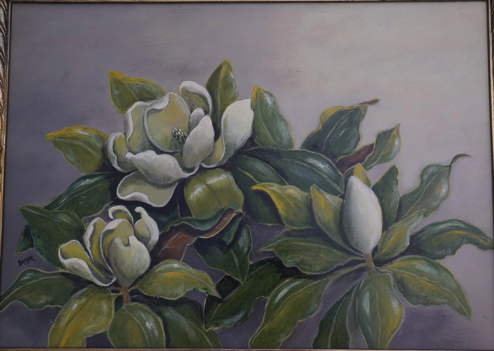 Baker Artist Signed Magnolia Oil Painting on Board C.1960's - 3