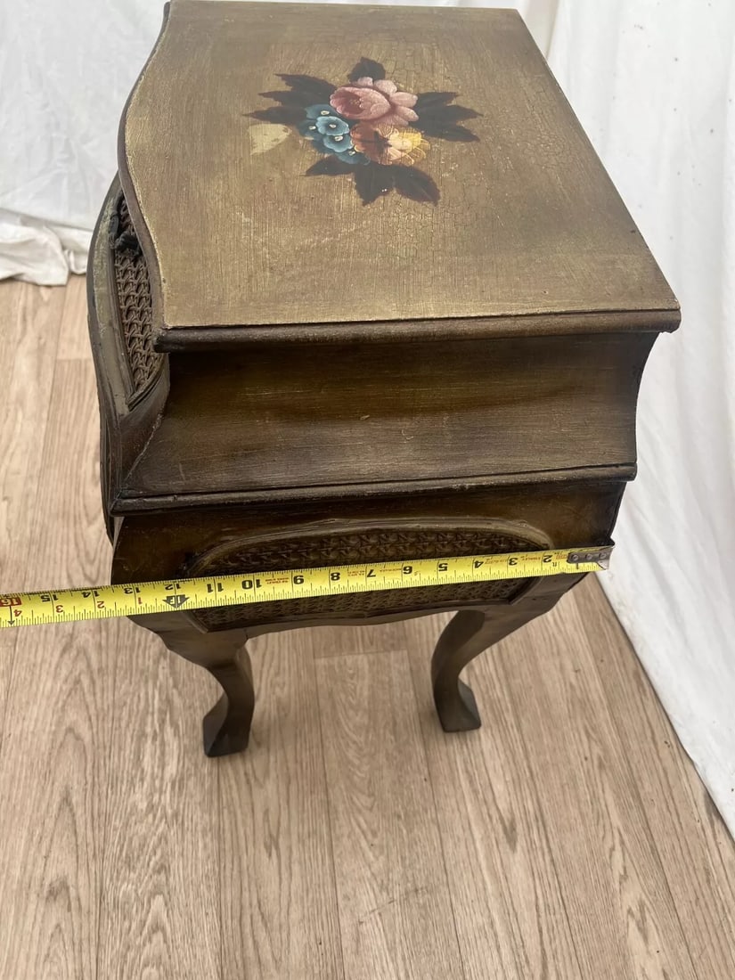 1990s French Bombe Nightstand Chest Hand Painted Roses Rattan Trim Felted Drawer - 10
