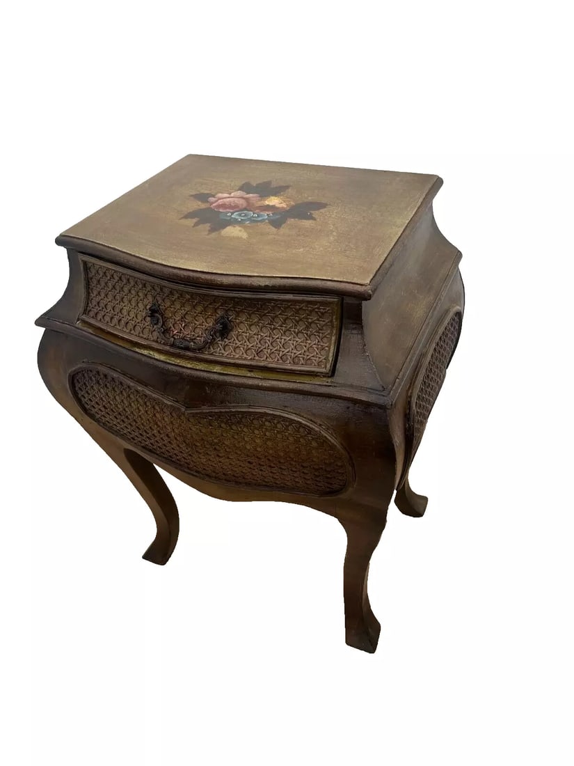 1990s French Bombe Nightstand Chest Hand Painted Roses Rattan Trim Felted Drawer - 2