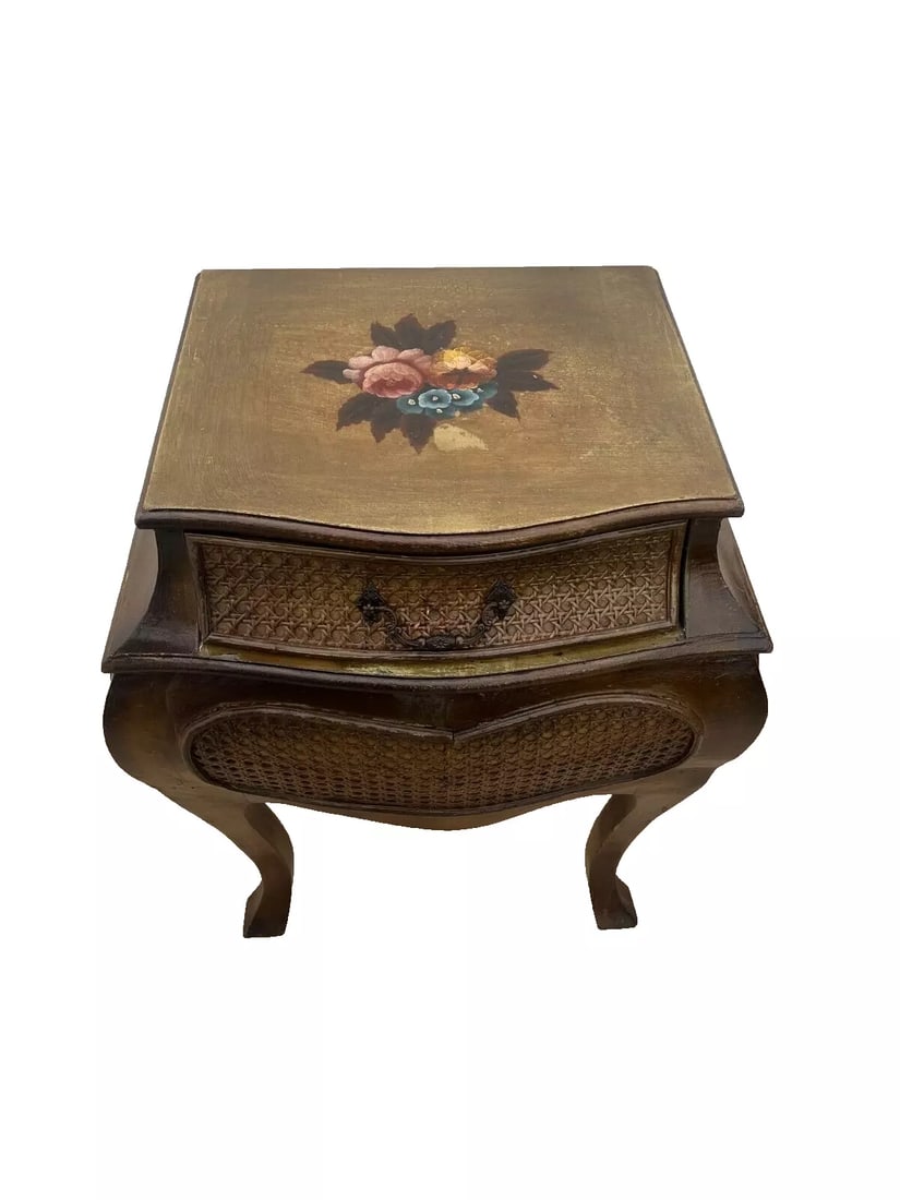 1990s French Bombe Nightstand Chest Hand Painted Roses Rattan Trim Felted Drawer - 3