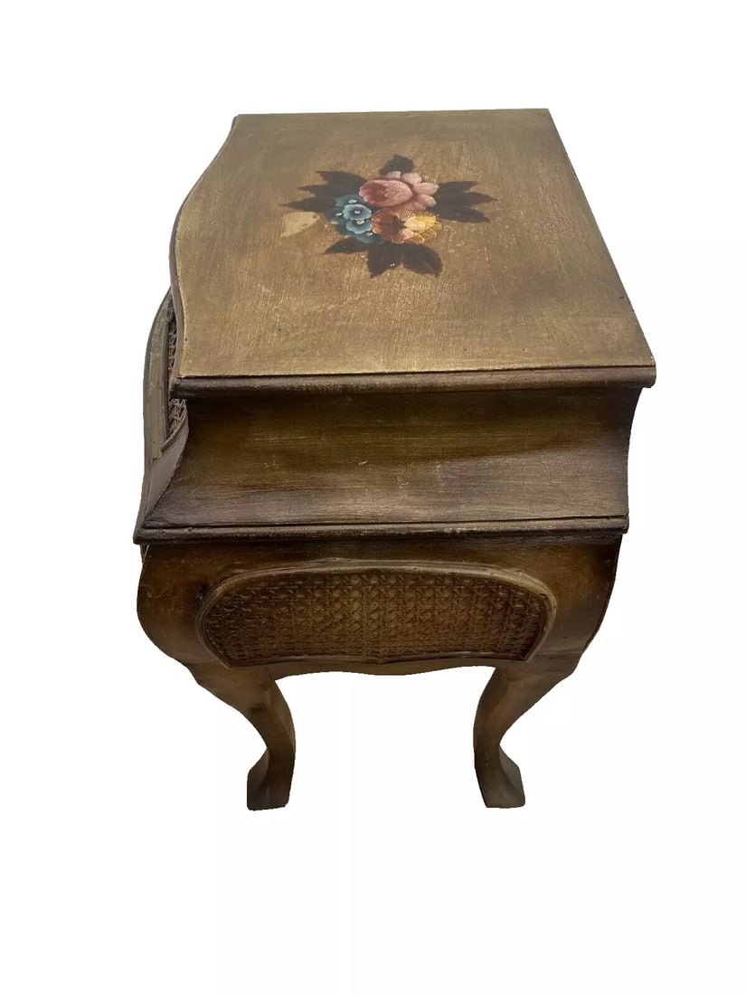 1990s French Bombe Nightstand Chest Hand Painted Roses Rattan Trim Felted Drawer - 5