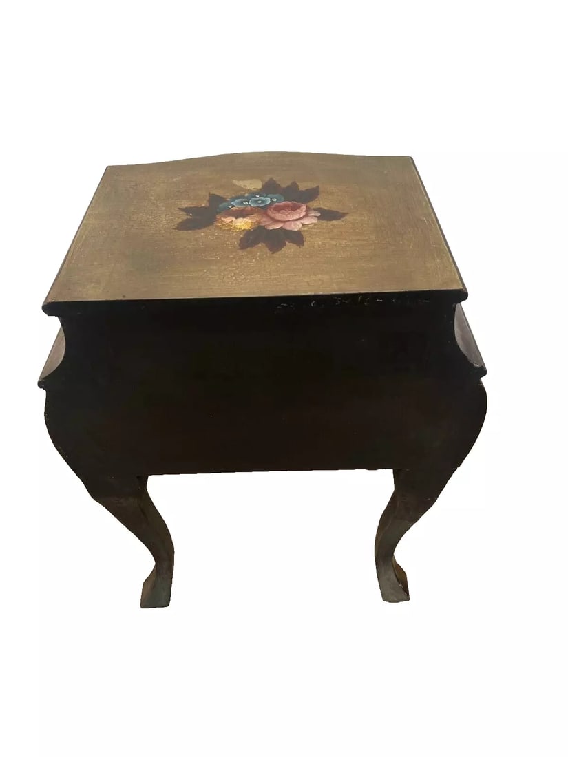 1990s French Bombe Nightstand Chest Hand Painted Roses Rattan Trim Felted Drawer - 6