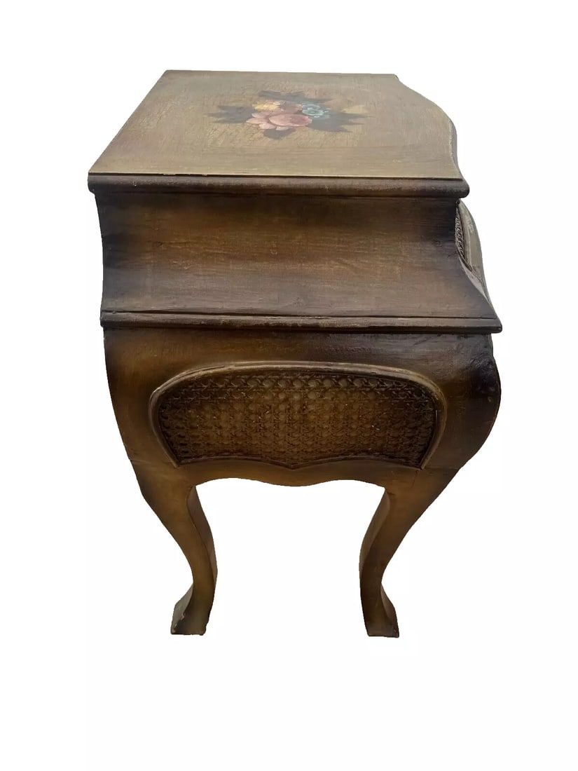 1990s French Bombe Nightstand Chest Hand Painted Roses Rattan Trim Felted Drawer - 7