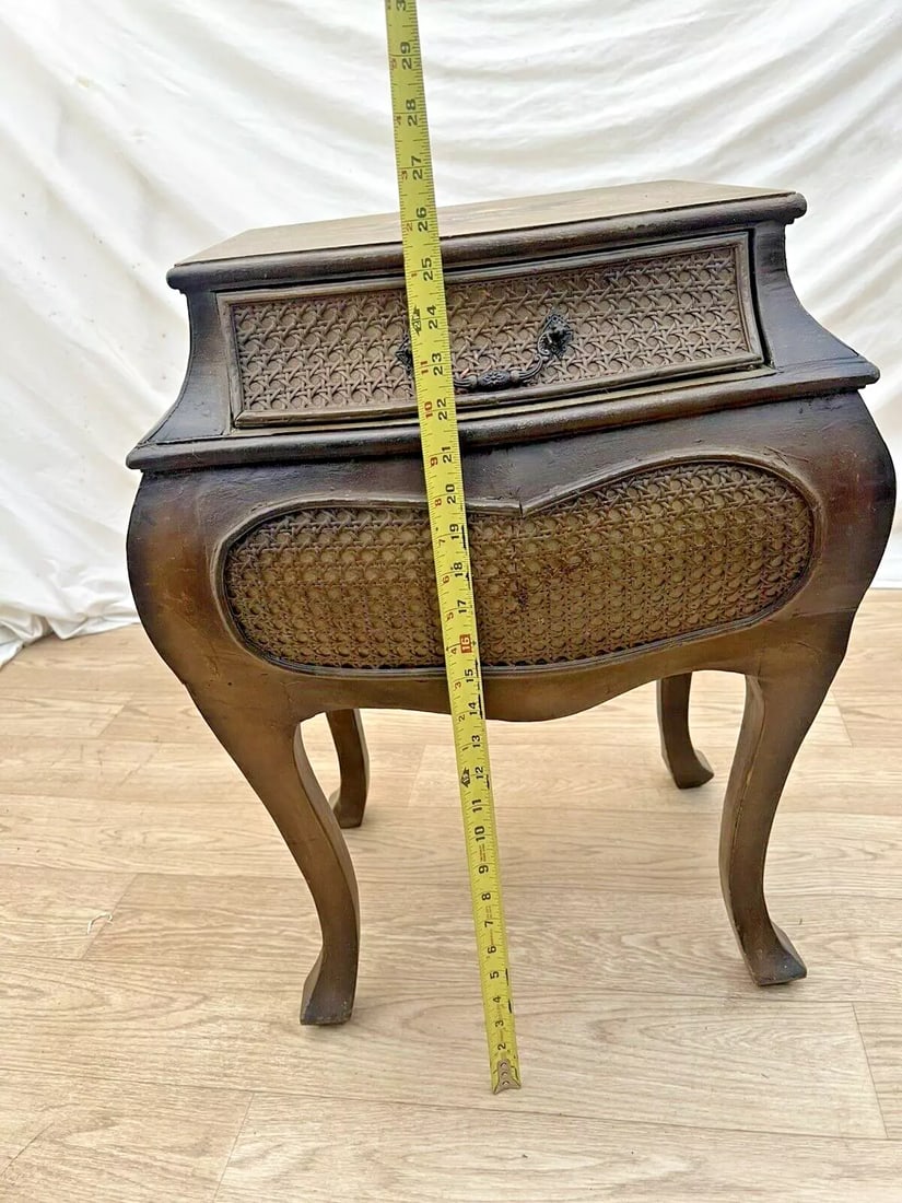 1990s French Bombe Nightstand Chest Hand Painted Roses Rattan Trim Felted Drawer - 8