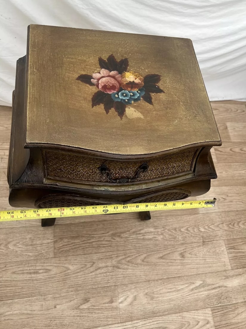 1990s French Bombe Nightstand Chest Hand Painted Roses Rattan Trim Felted Drawer - 9