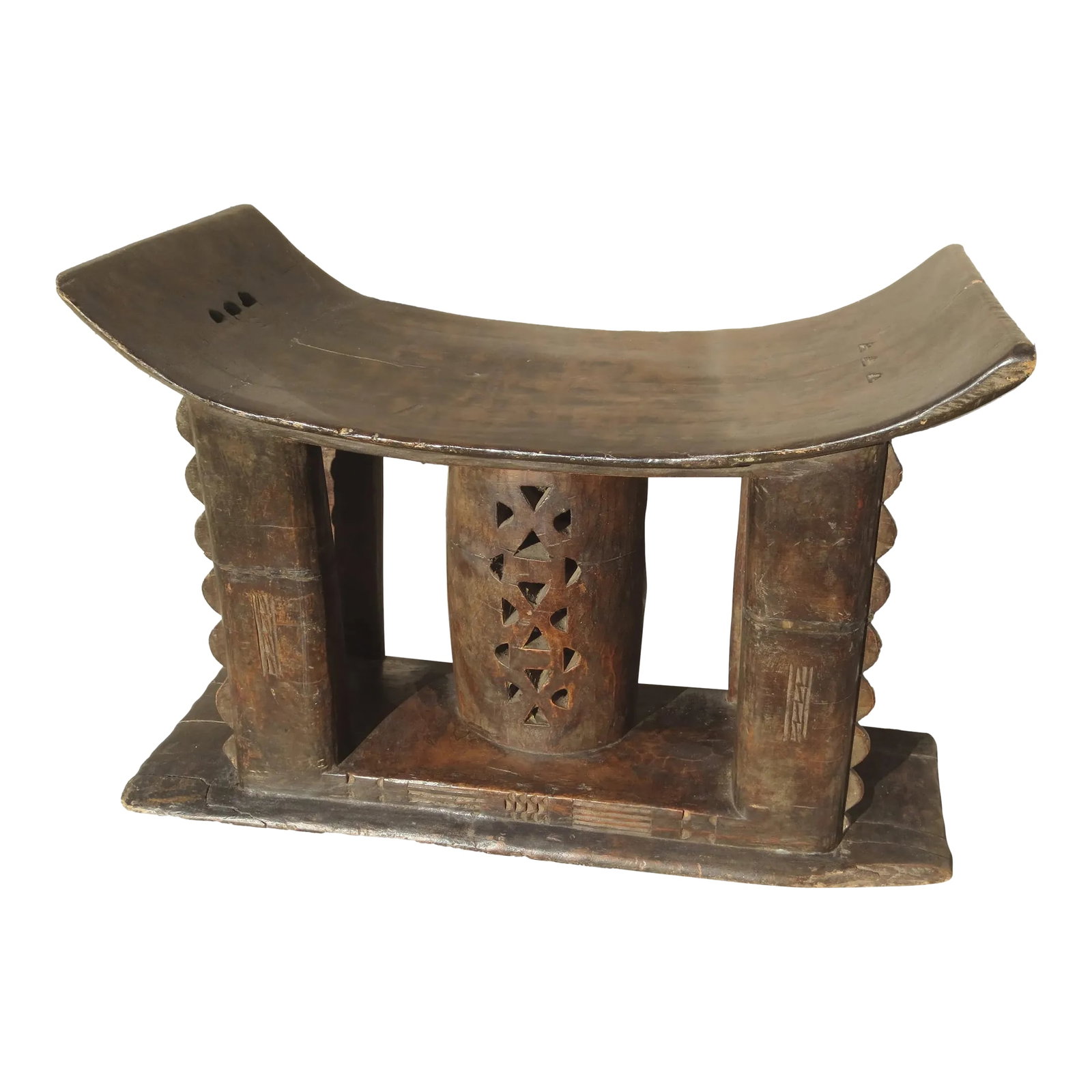 Antique Ashanti African Womens Stool: Asante Stool for women. A bridal gift from the male's family. Ashanti in Ghana. Classical form with a central column. A Tribal source with several old repairs to splits in the wood body fills to the