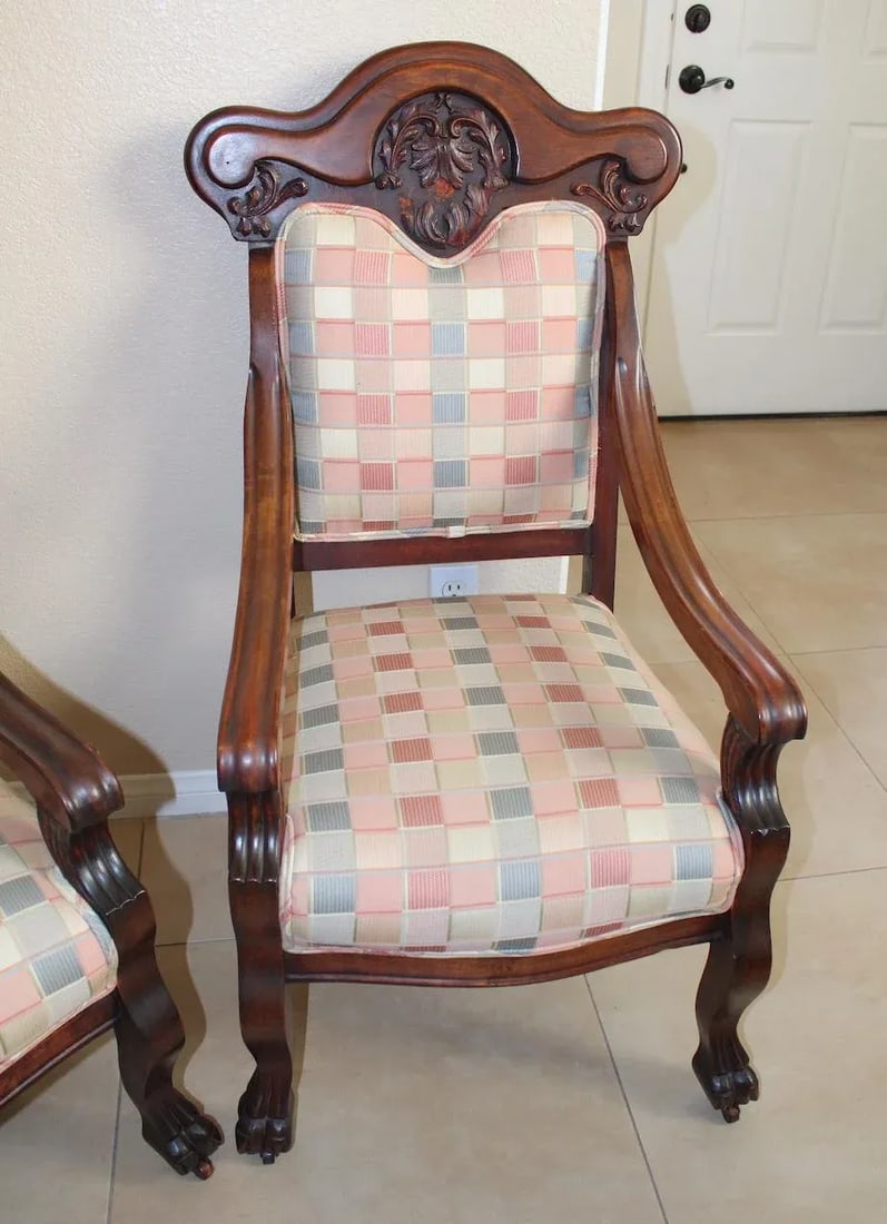 Antique 19th Century Throne Chairs, Hand-Carved Cherry Wood With Claw Feet & Casters, Upholstered Pa - 2