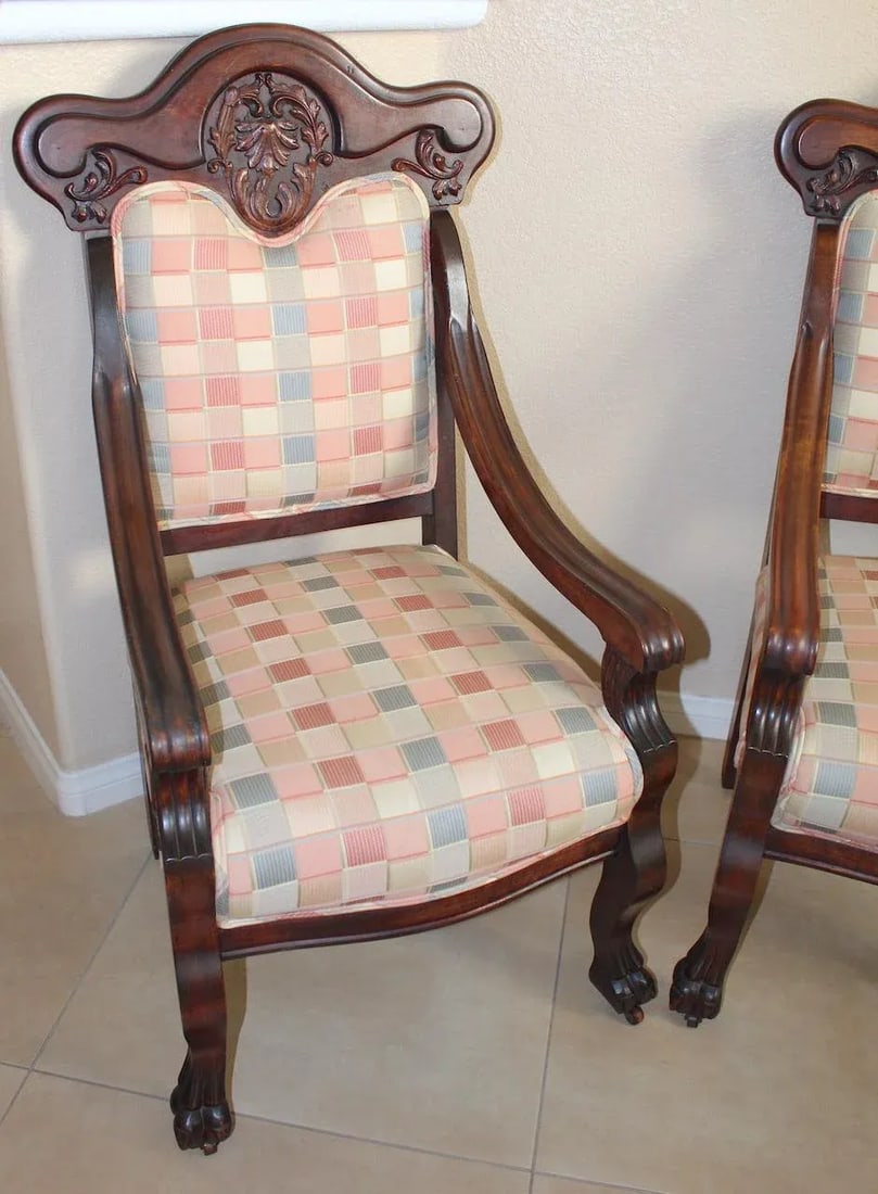 Antique 19th Century Throne Chairs, Hand-Carved Cherry Wood With Claw Feet & Casters, Upholstered Pa - 3