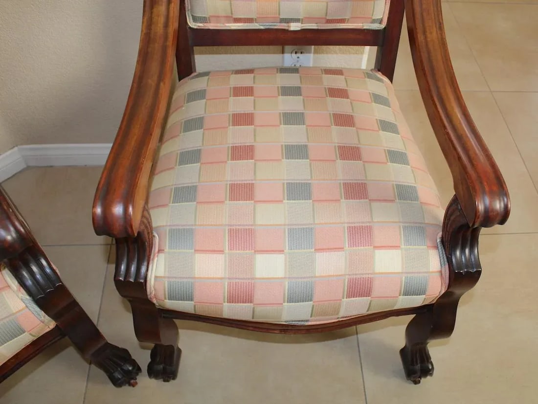 Antique 19th Century Throne Chairs, Hand-Carved Cherry Wood With Claw Feet & Casters, Upholstered Pa - 4