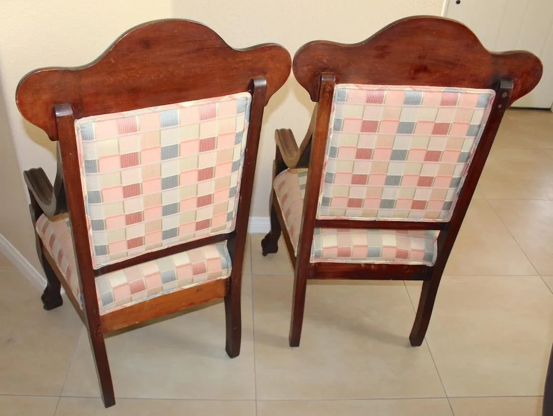 Antique 19th Century Throne Chairs, Hand-Carved Cherry Wood With Claw Feet & Casters, Upholstered Pa - 5