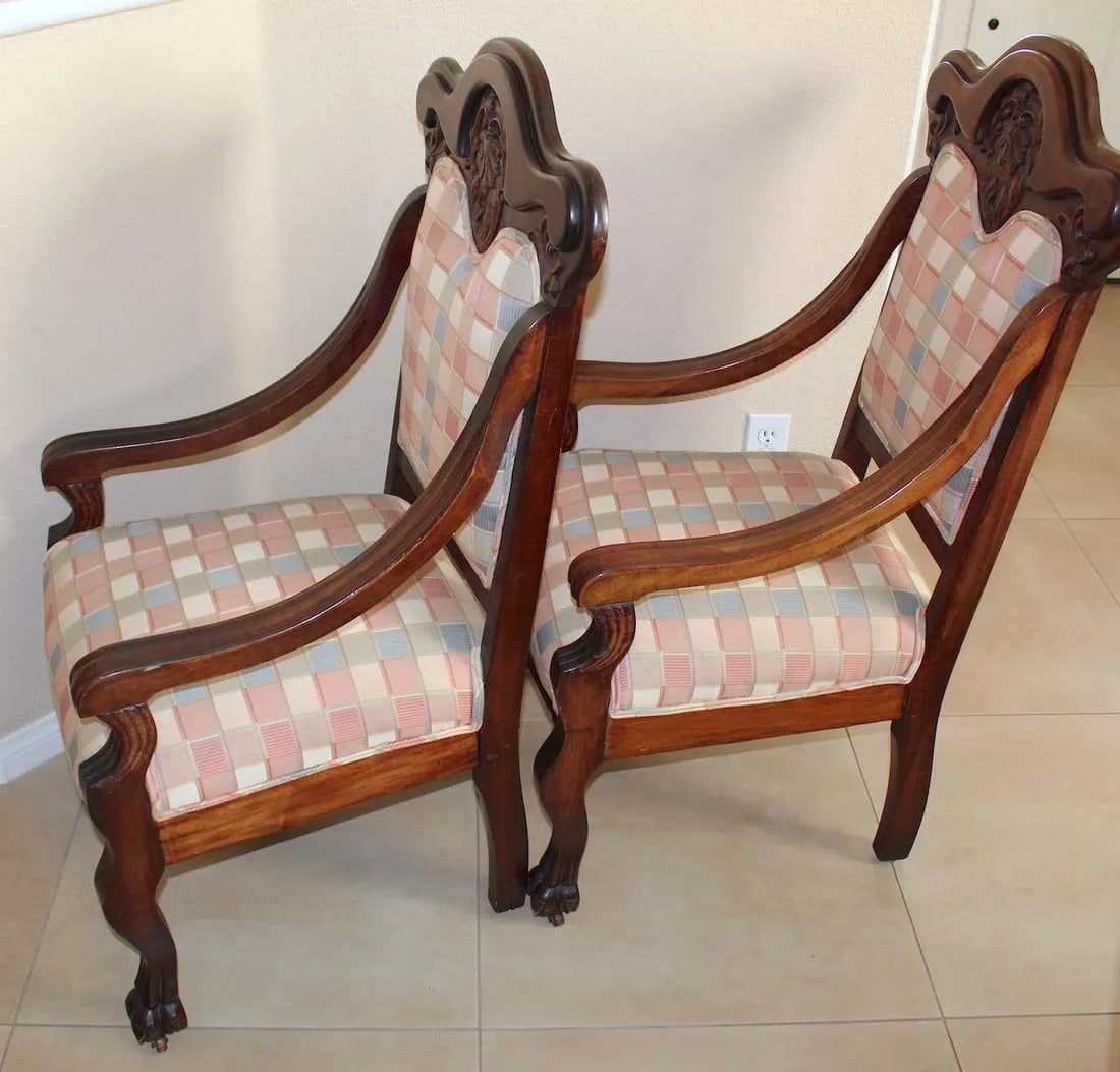 Antique 19th Century Throne Chairs, Hand-Carved Cherry Wood With Claw Feet & Casters, Upholstered Pa - 6