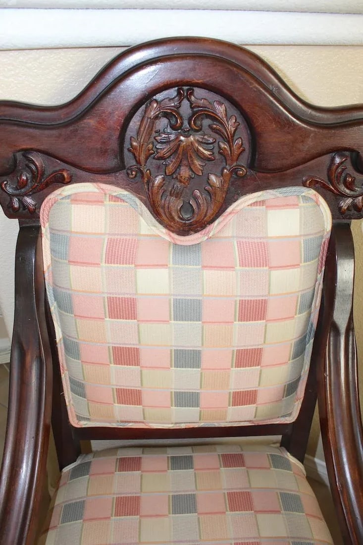 Antique 19th Century Throne Chairs, Hand-Carved Cherry Wood With Claw Feet & Casters, Upholstered Pa - 7