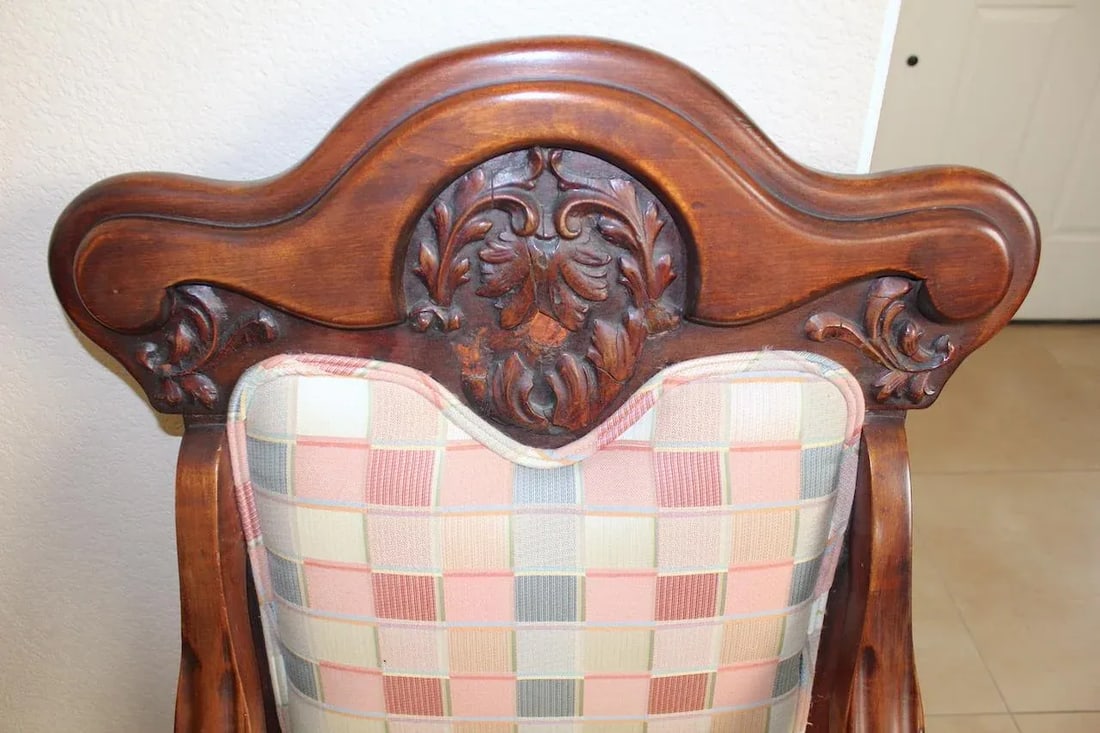 Antique 19th Century Throne Chairs, Hand-Carved Cherry Wood With Claw Feet & Casters, Upholstered Pa - 8