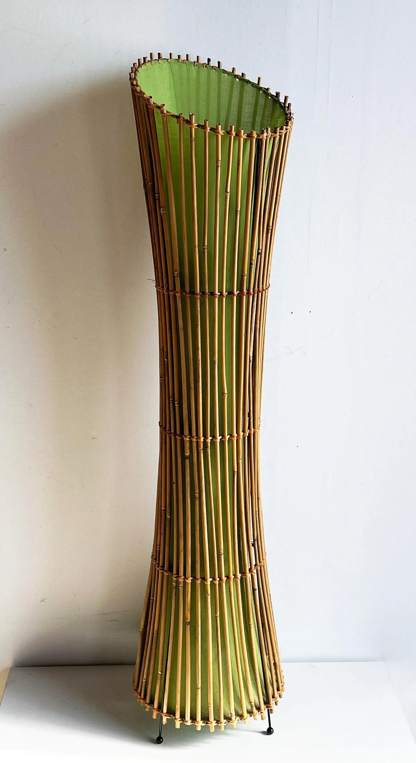 Vintage Mid Century Style BoHo Bamboo & Lime Green Linen 44" Floor Lamp - 2