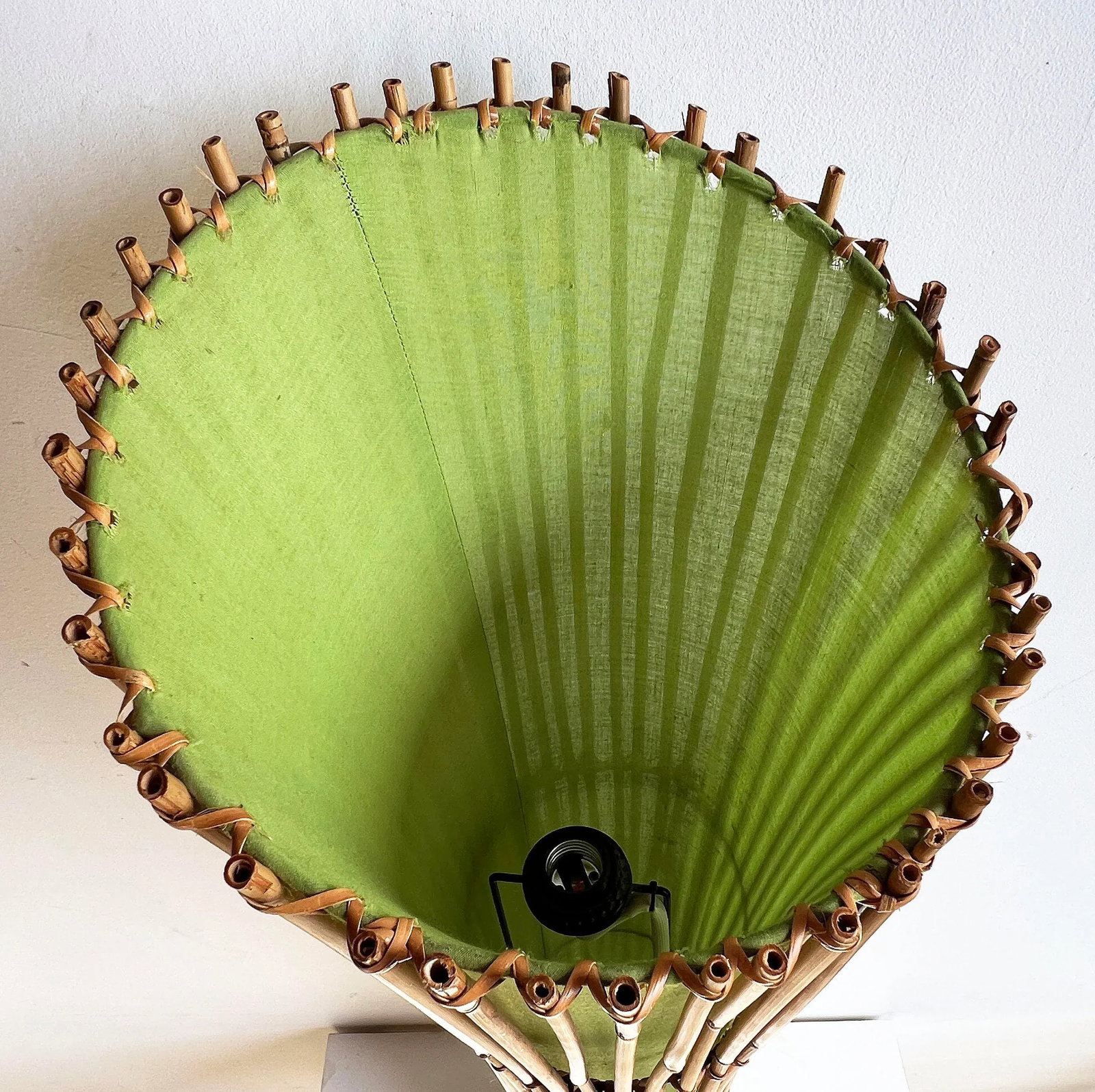 Vintage Mid Century Style BoHo Bamboo & Lime Green Linen 44" Floor Lamp - 7