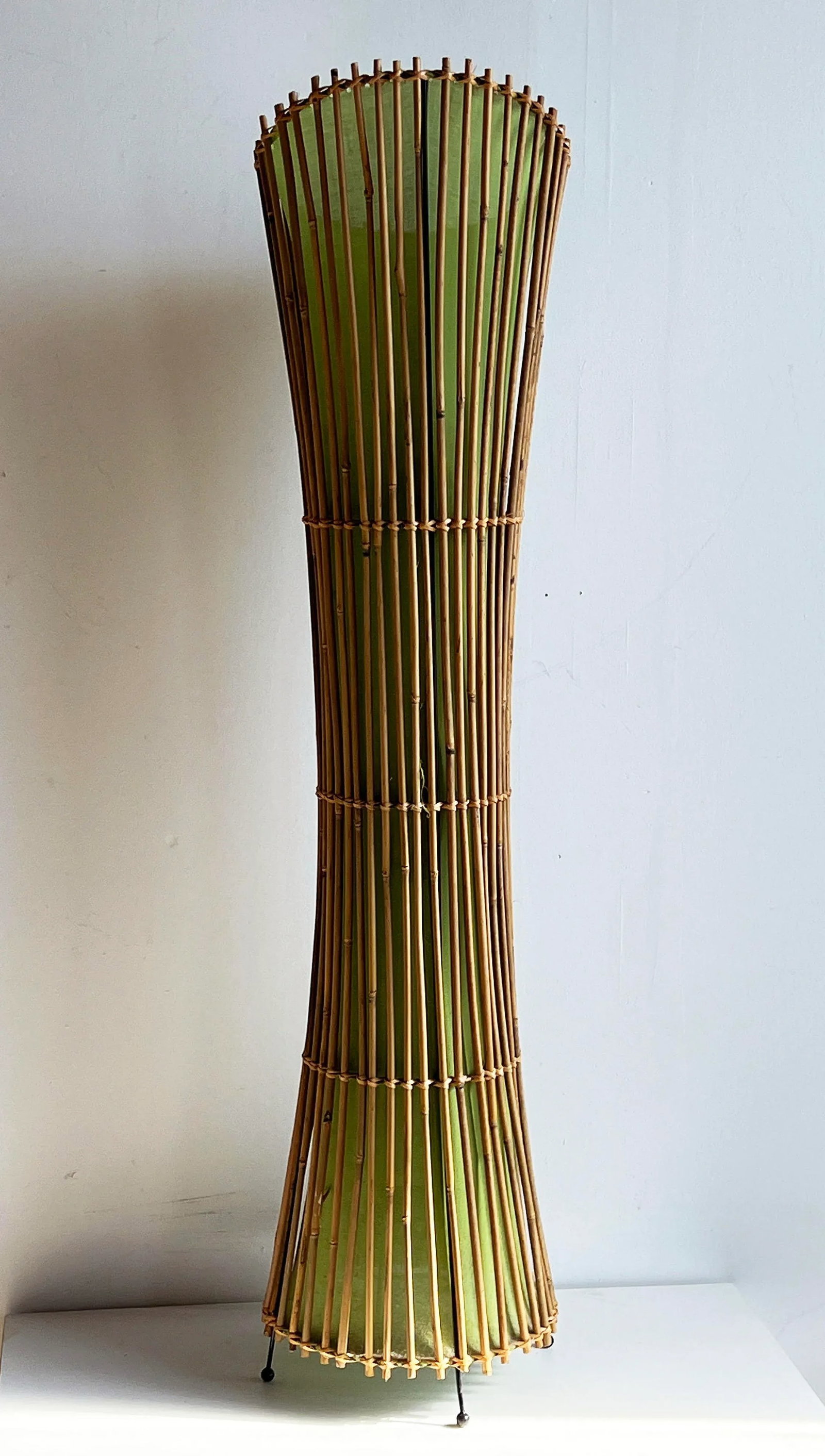 Vintage Mid Century Style BoHo Bamboo & Lime Green Linen 44" Floor Lamp - 8