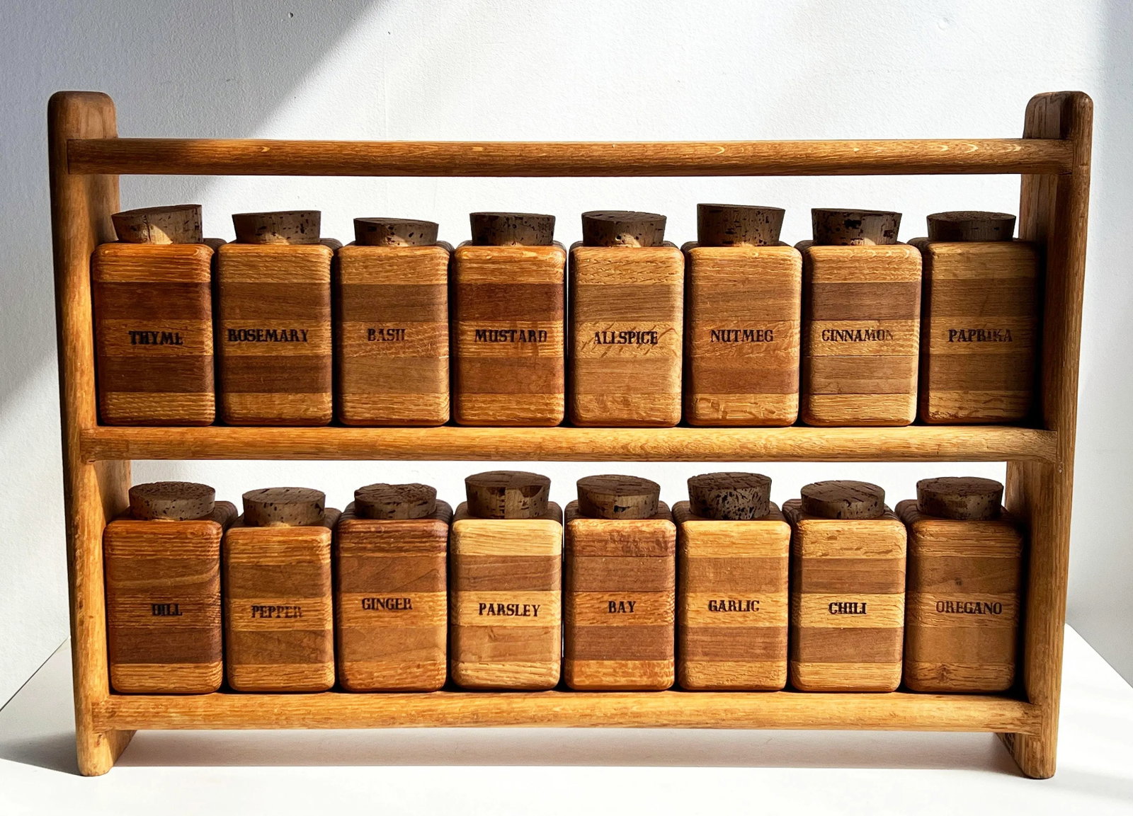 Vintage Mid Century Modern Solid Wood Spice Rack With 16 Solid Oak Jars and Cork Lids - 2