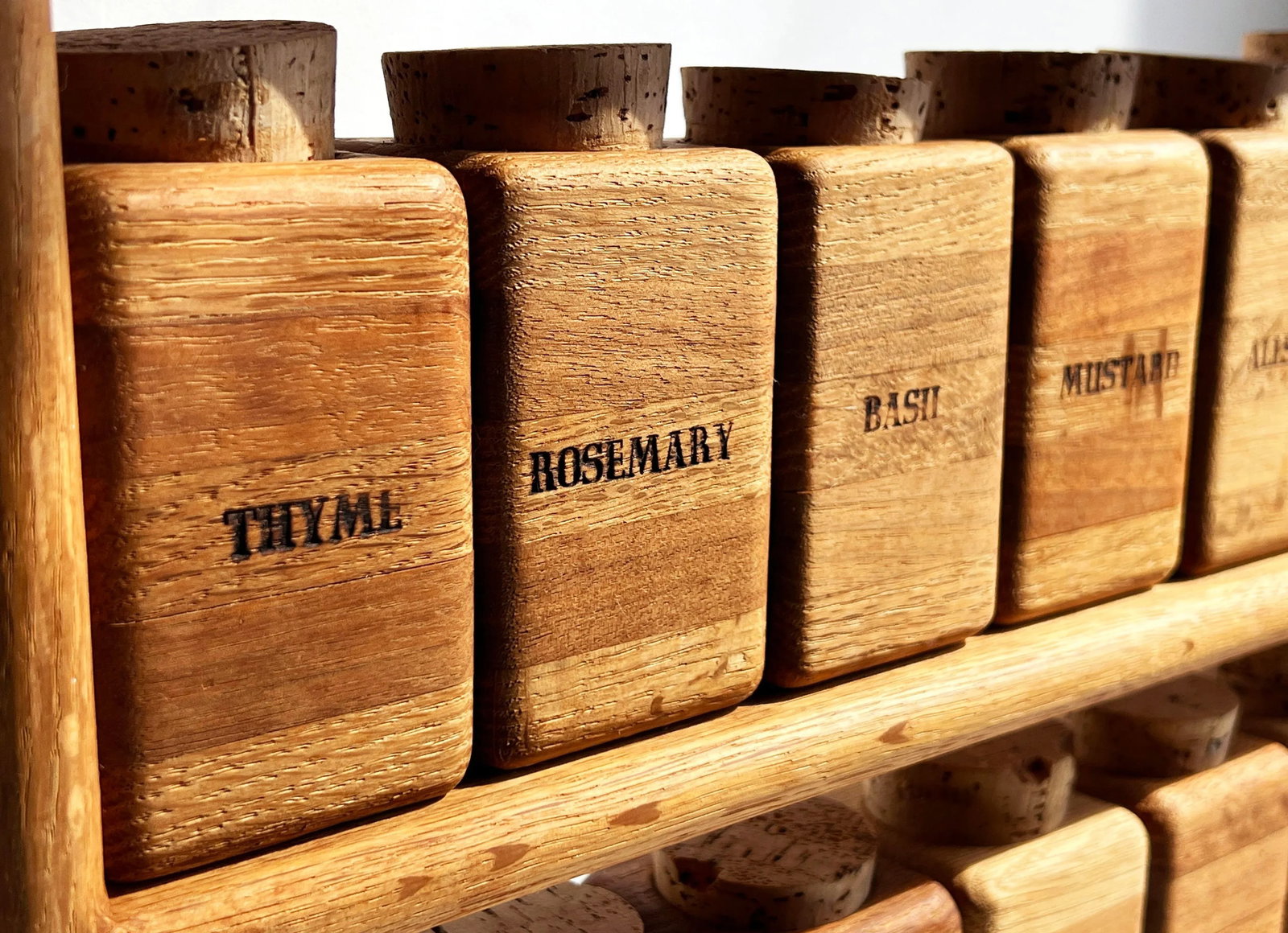 Vintage Mid Century Modern Solid Wood Spice Rack With 16 Solid Oak Jars and Cork Lids - 4