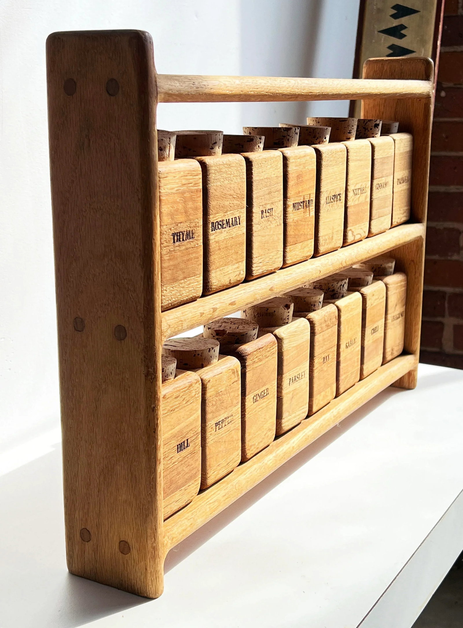 Vintage Mid Century Modern Solid Wood Spice Rack With 16 Solid Oak Jars and Cork Lids - 5