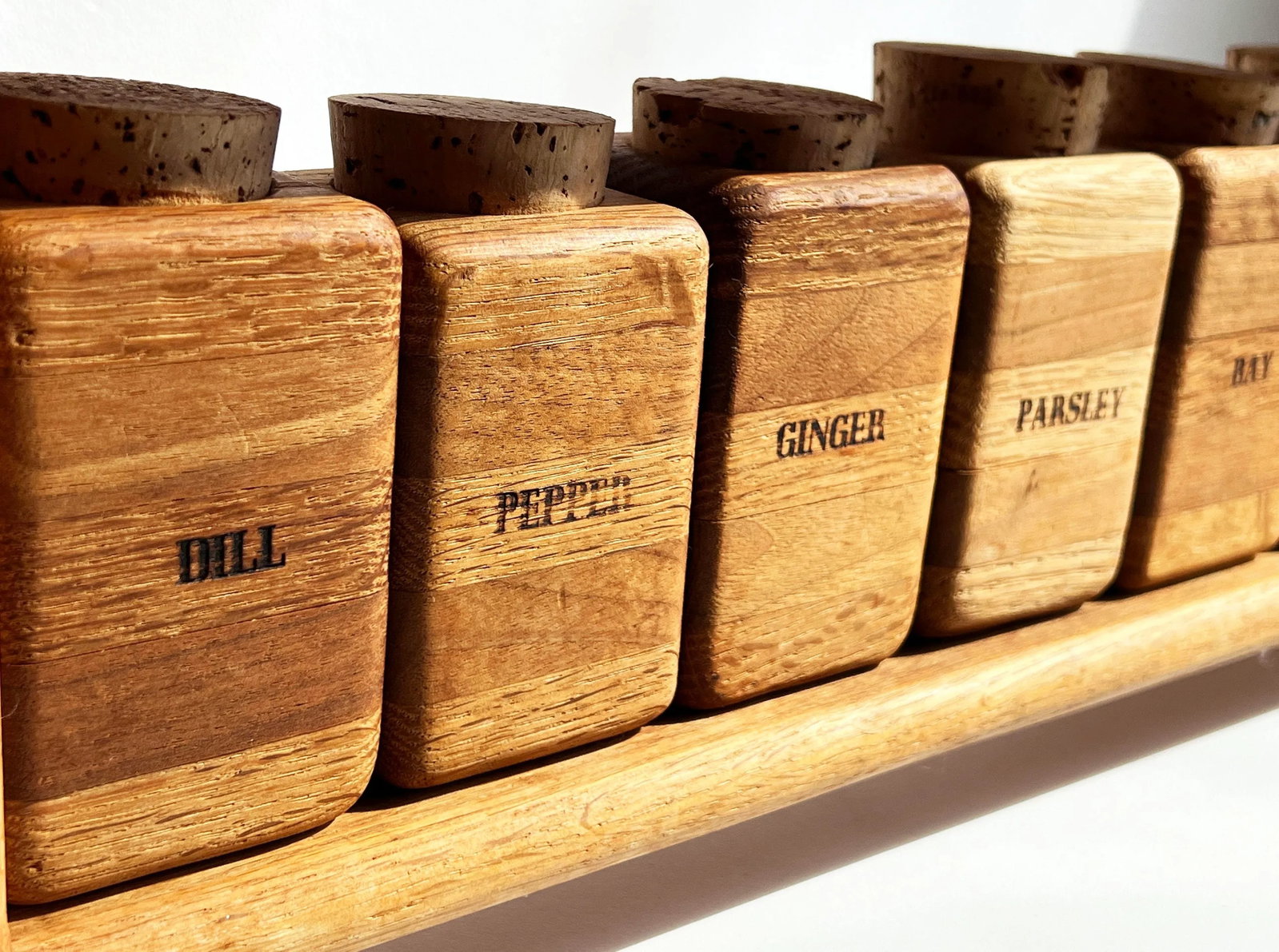 Vintage Mid Century Modern Solid Wood Spice Rack With 16 Solid Oak Jars and Cork Lids - 6