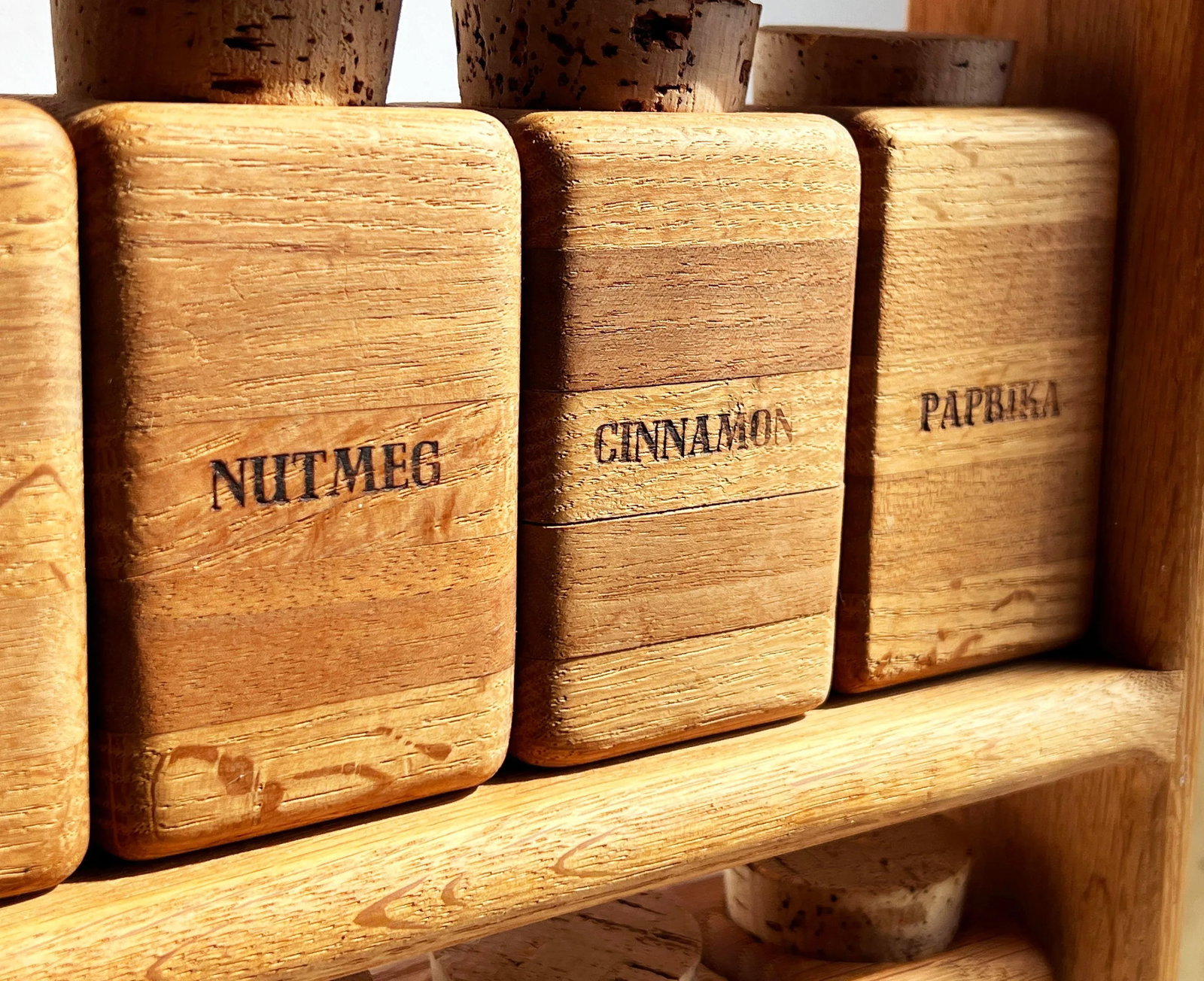 Vintage Mid Century Modern Solid Wood Spice Rack With 16 Solid Oak Jars and Cork Lids - 7