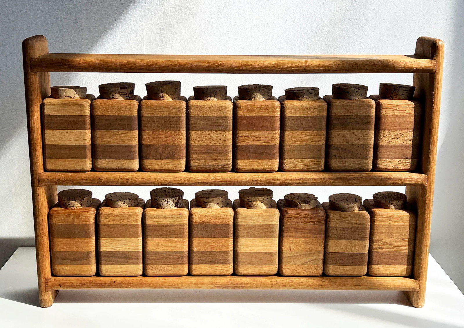 Vintage Mid Century Modern Solid Wood Spice Rack With 16 Solid Oak Jars and Cork Lids - 8