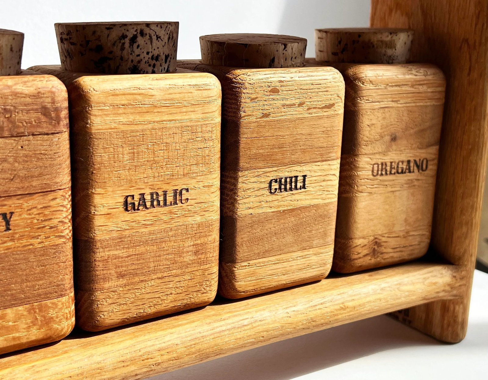 Vintage Mid Century Modern Solid Wood Spice Rack With 16 Solid Oak Jars and Cork Lids - 9