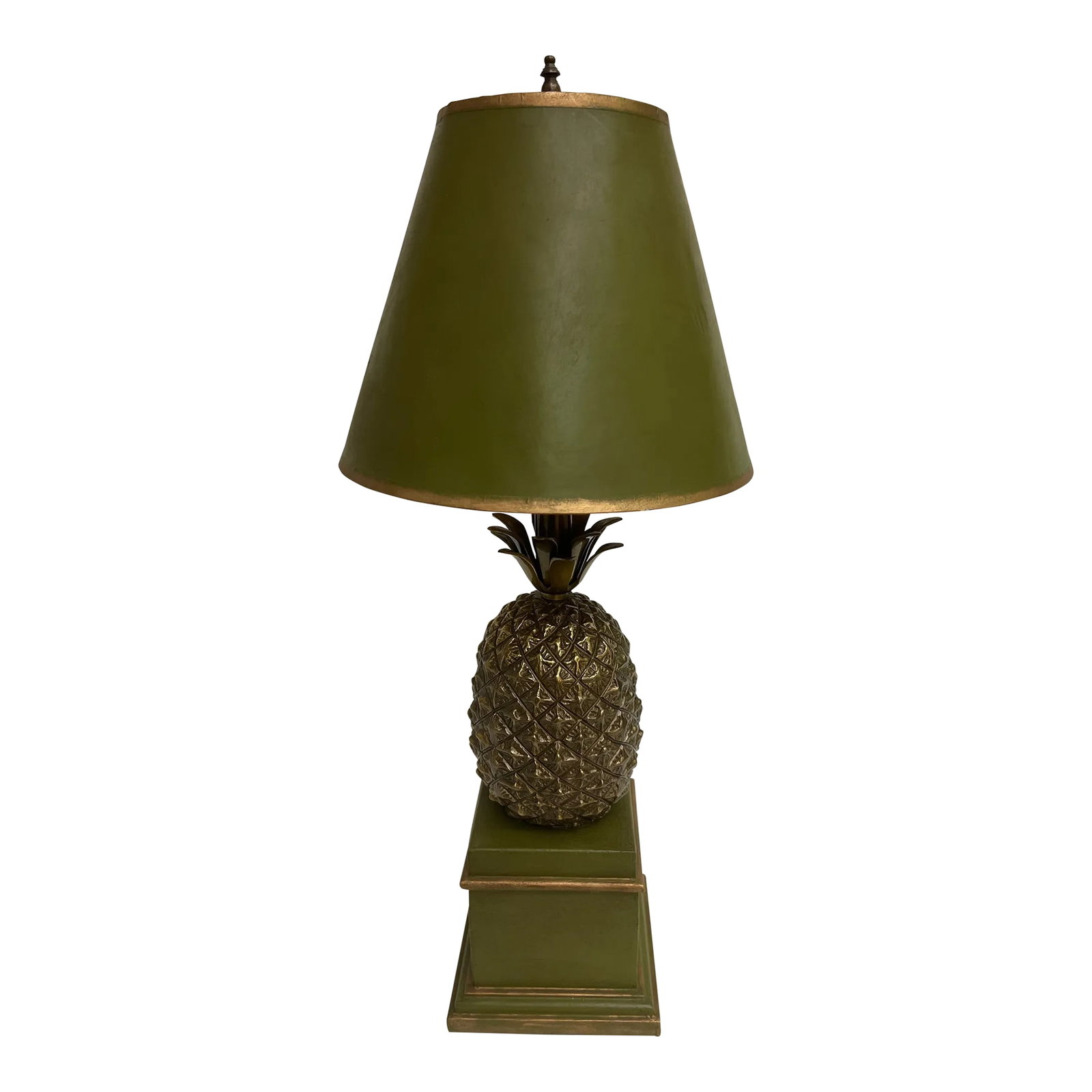 Vintage Hollywood Regency Brass Pineapple Table Lamp With Hand-Painted Green Shade - Newly Painted: Elevate your decor with our stunning vintage Hollywood Regency brass pineapple table lamp. This exquisite piece features a hand-painted green shade, adding unique charm to any room. Crafted from quali