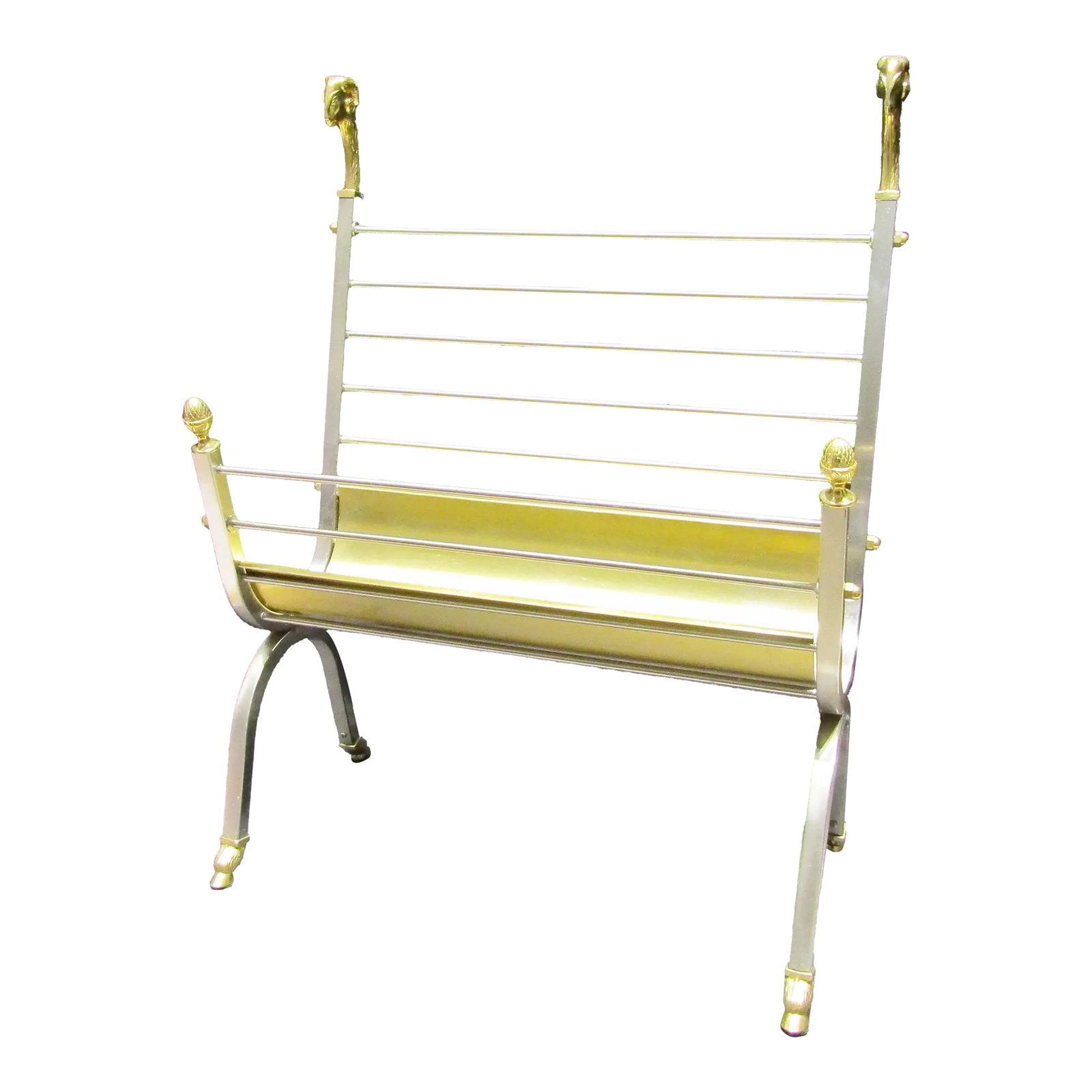 Vintage French Attributed to Maison Jansen Brass and Steel Magazine Rack Circa 1960's: Vintage French Attributed to Maison Jansen Brass and Steel Magazine Rack circa 1960's This magazine rack is made of stainless steel and polished brass accentuated with rams heads and acorn finials and