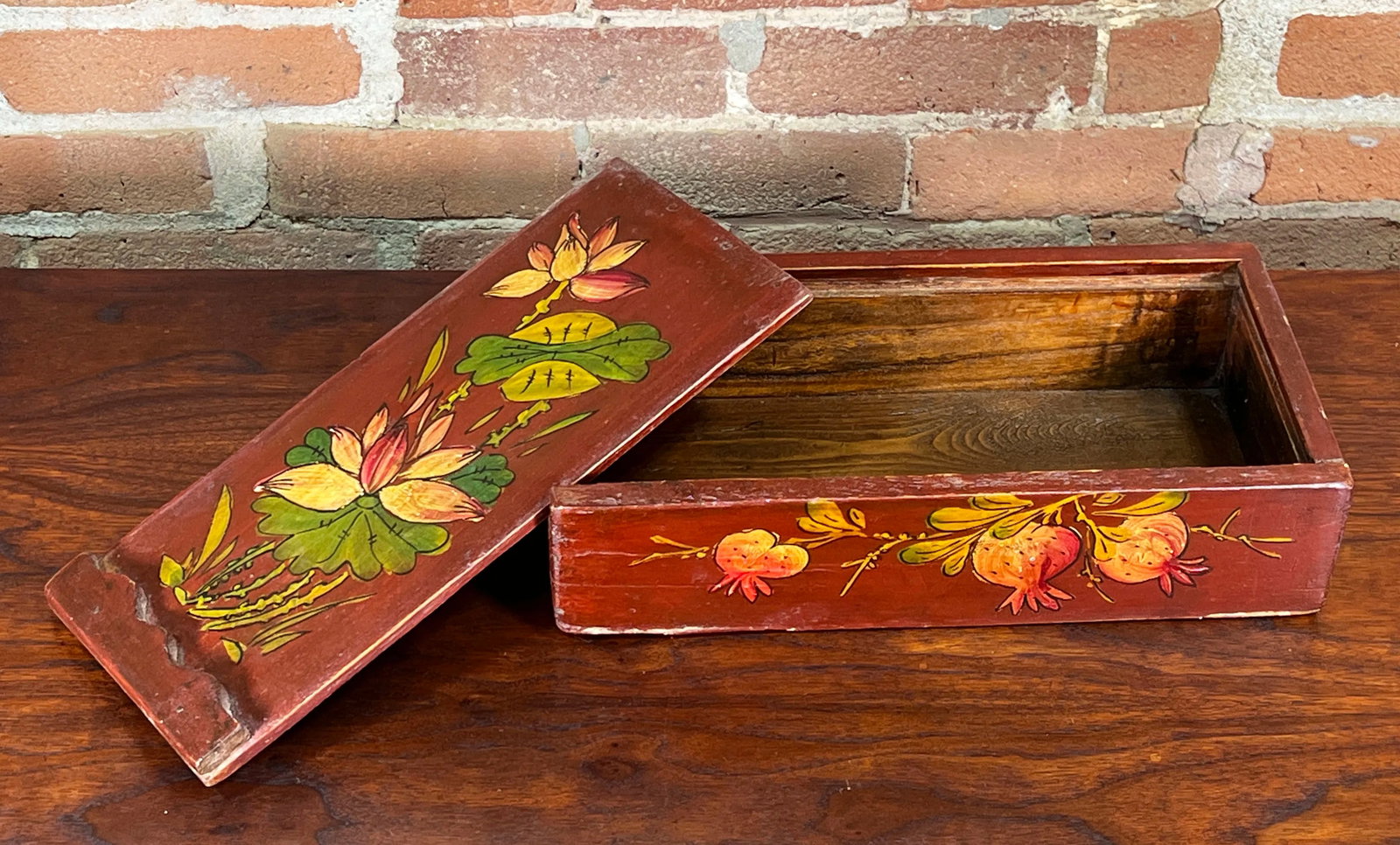 Antique 19th C. Chinese Hand Painted Wooden Box W/ Lotus & Pomegranate Design - 2