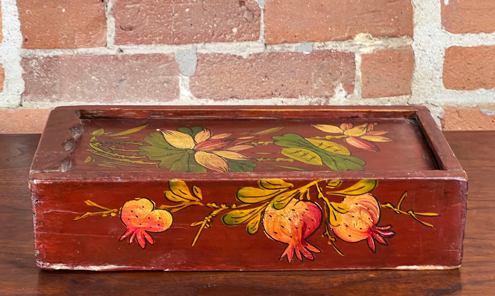Antique 19th C. Chinese Hand Painted Wooden Box W/ Lotus & Pomegranate Design - 3