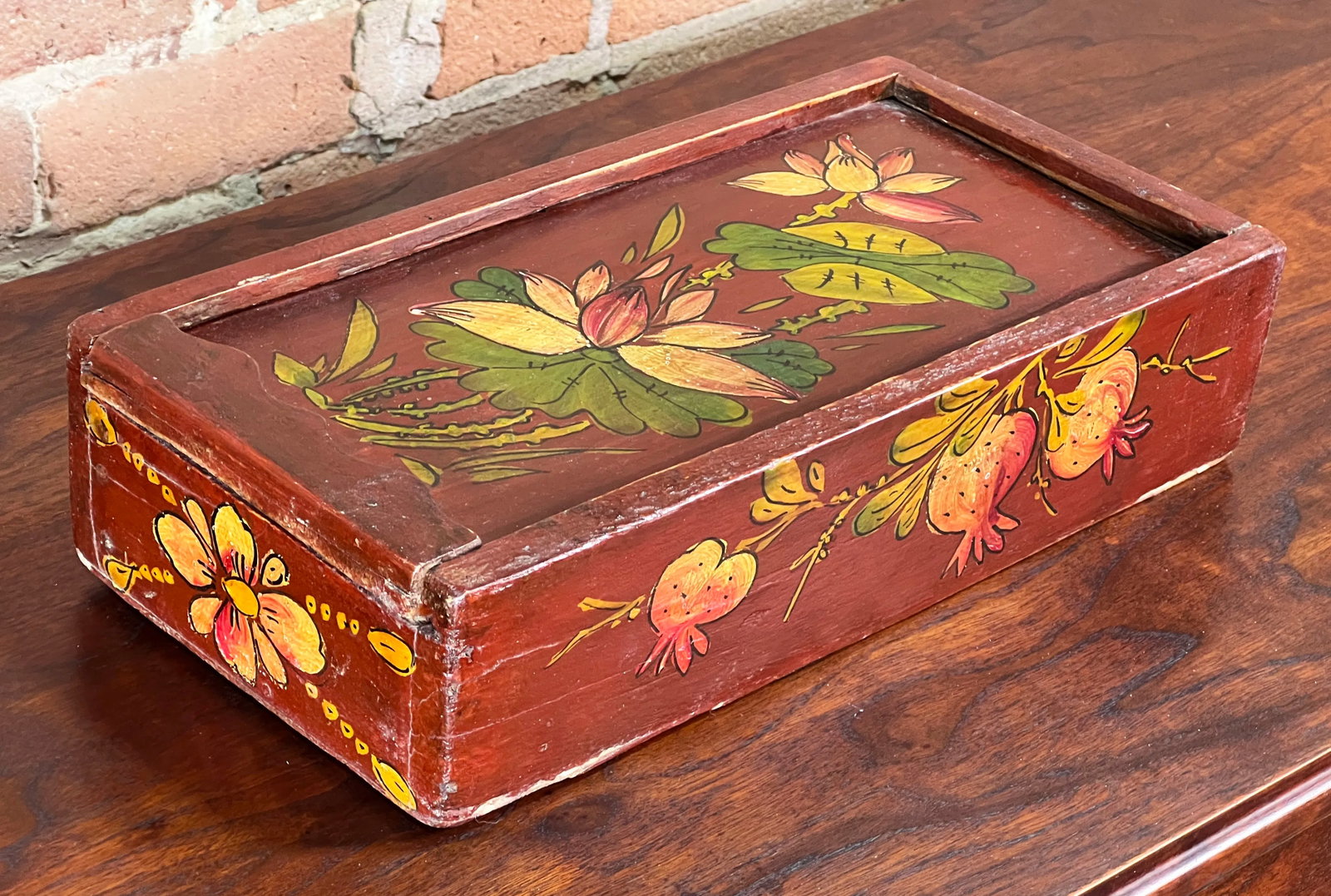 Antique 19th C. Chinese Hand Painted Wooden Box W/ Lotus & Pomegranate Design - 4
