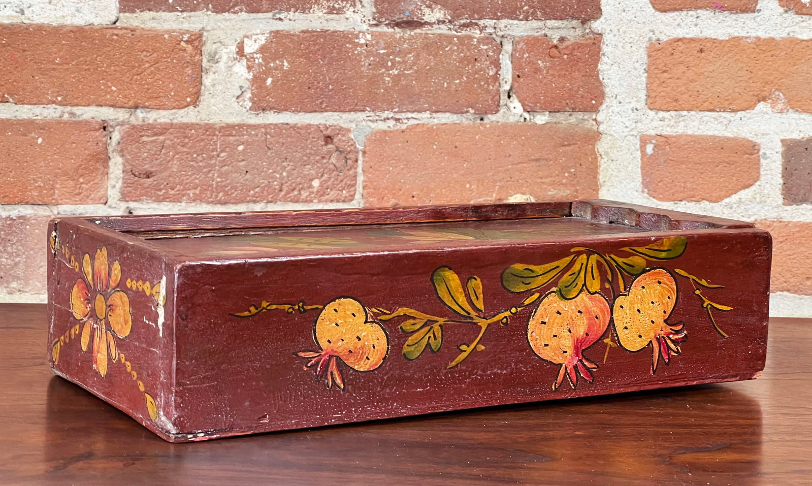 Antique 19th C. Chinese Hand Painted Wooden Box W/ Lotus & Pomegranate Design - 5
