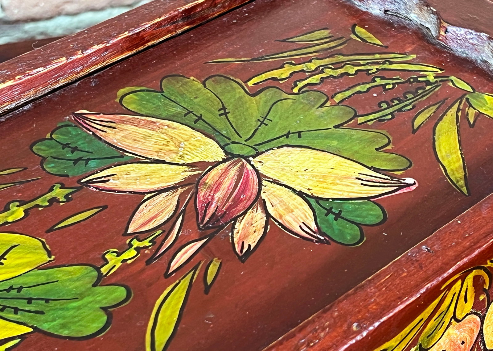 Antique 19th C. Chinese Hand Painted Wooden Box W/ Lotus & Pomegranate Design - 6