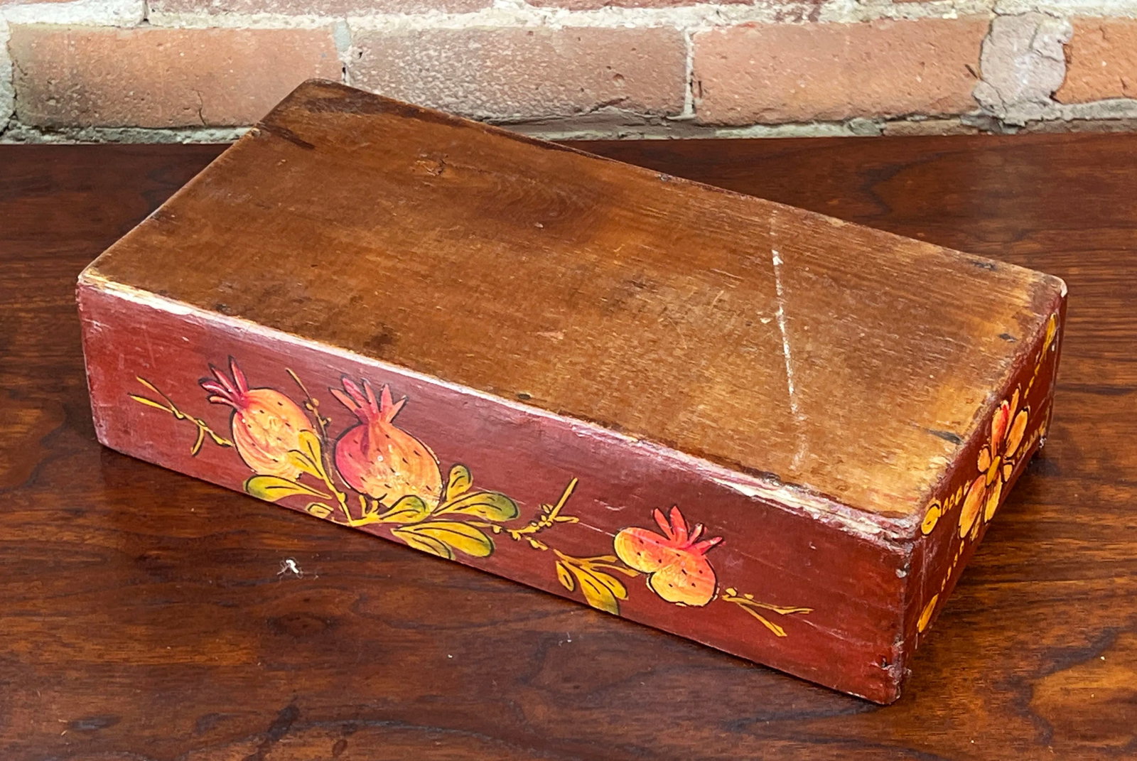 Antique 19th C. Chinese Hand Painted Wooden Box W/ Lotus & Pomegranate Design - 7