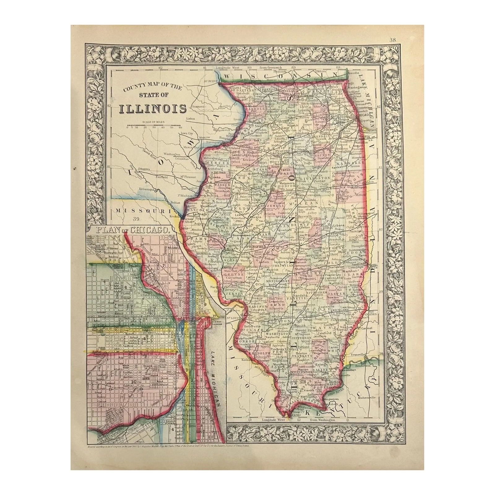Map of Illinois With Plan of Chicago Inset by Samuel Mitchell, 1863: Original Steel Engraving by Samuel Mitchell, 1863. A beautifully detailed 19th-century county map of Illinois, enhanced with original hand coloring and surrounded by an ornate decorative floral