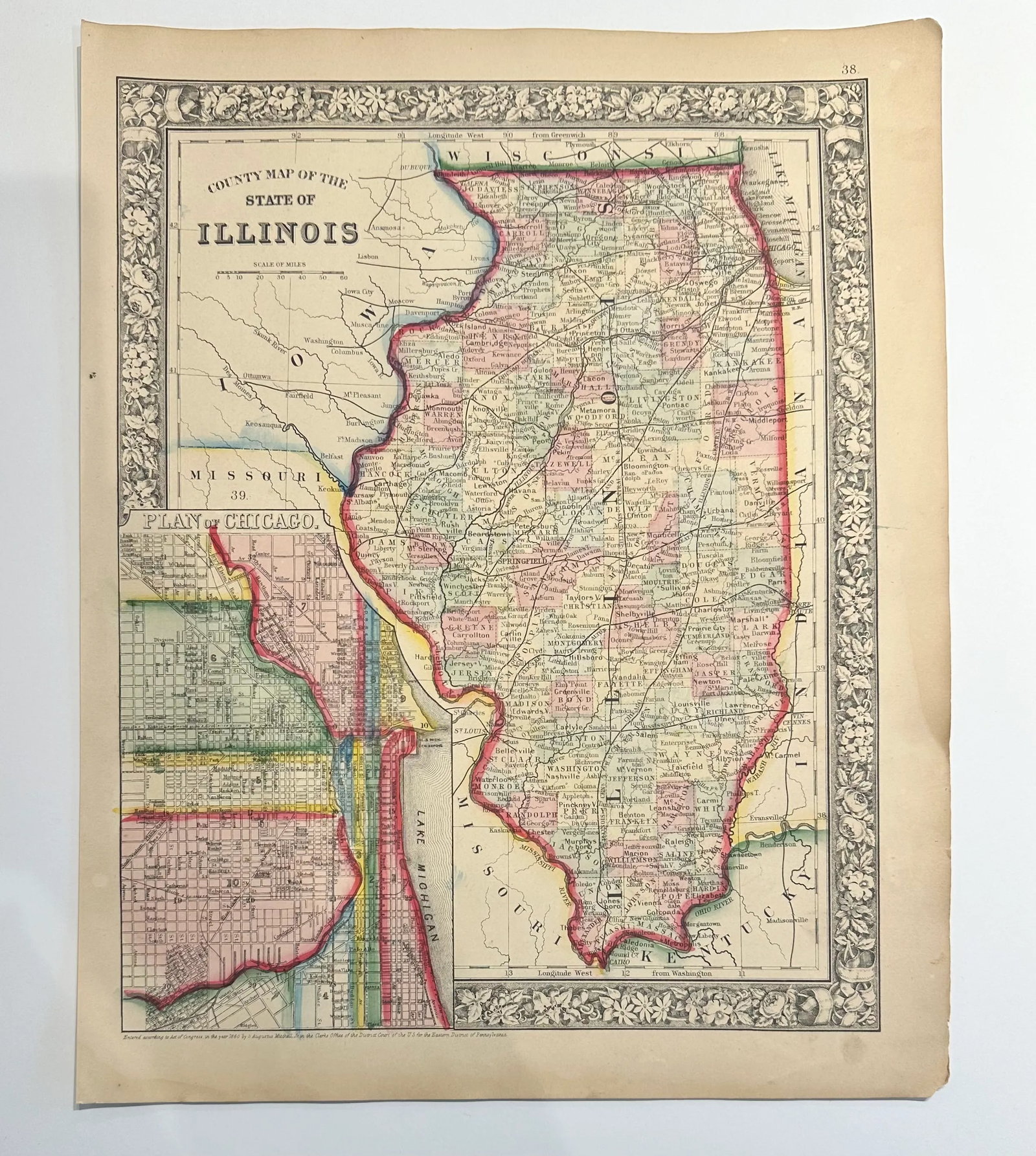 Map of Illinois With Plan of Chicago Inset by Samuel Mitchell, 1863 - 2